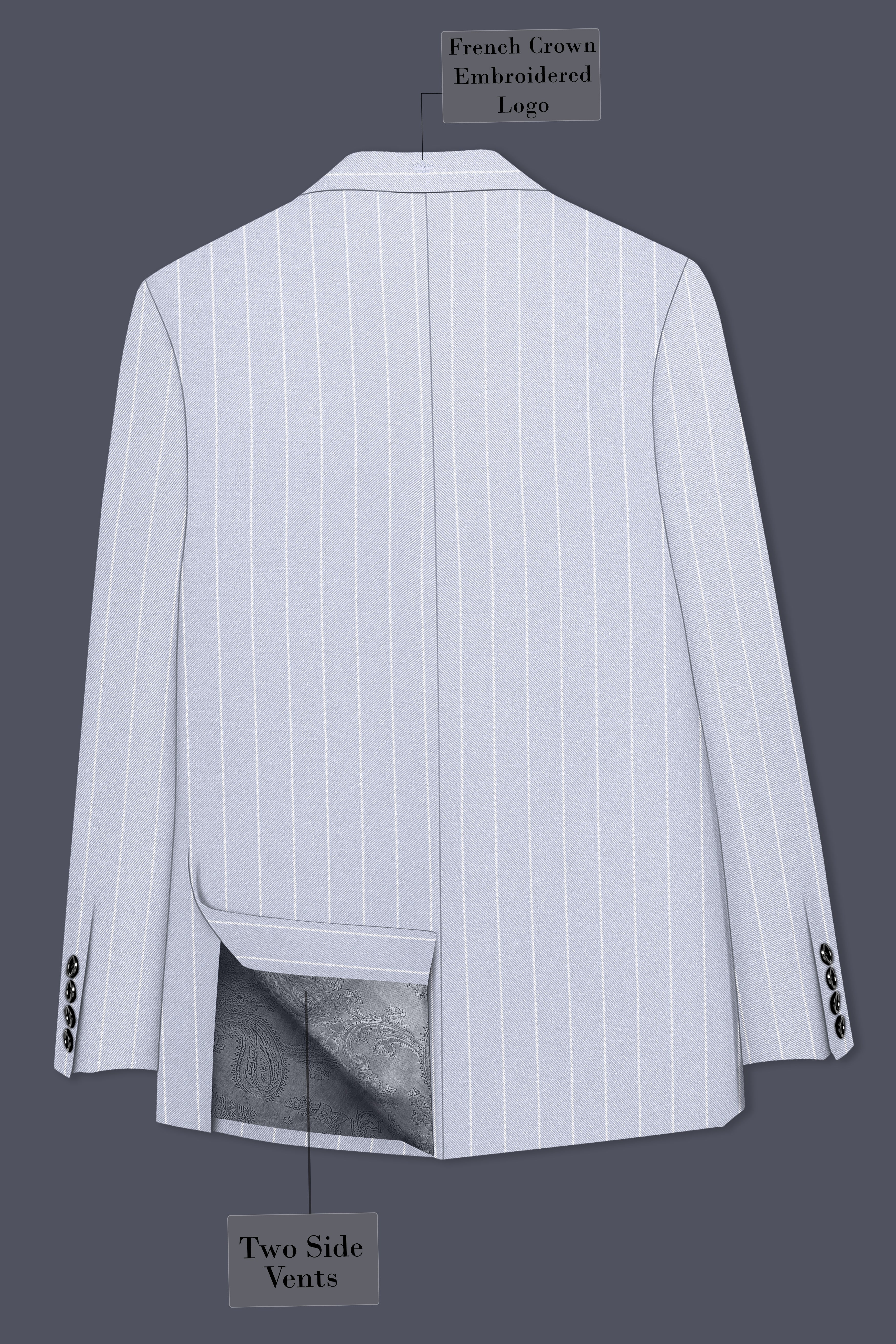 Axiom-Loblolly Gray And Bright White Chalk Striped Wool Rich Slight Stretch Single Breasted Blazer