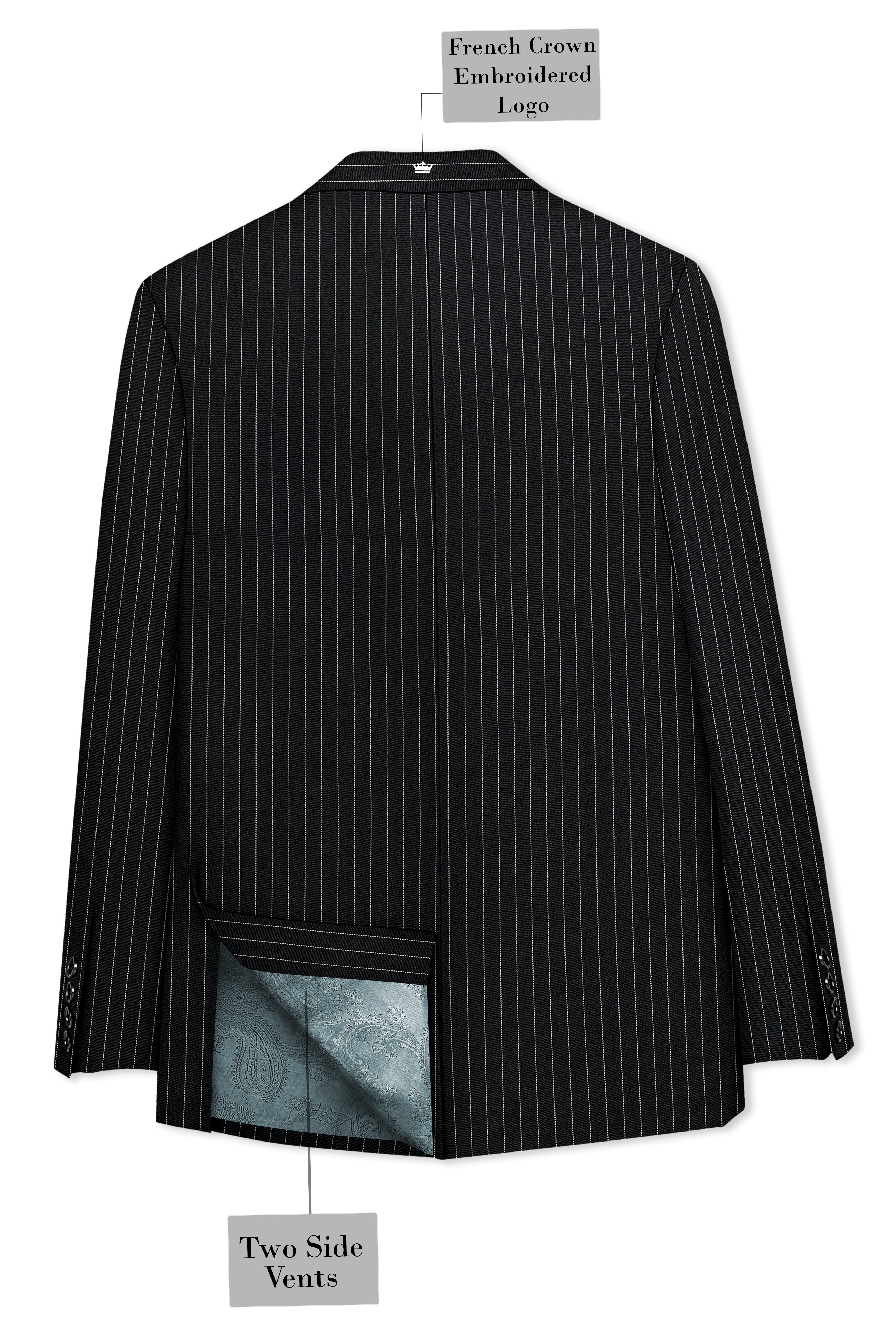 Strivon-Jade Black And Bright White Chalk Striped Wool Rich Slight Stretch Double Breasted Blazer