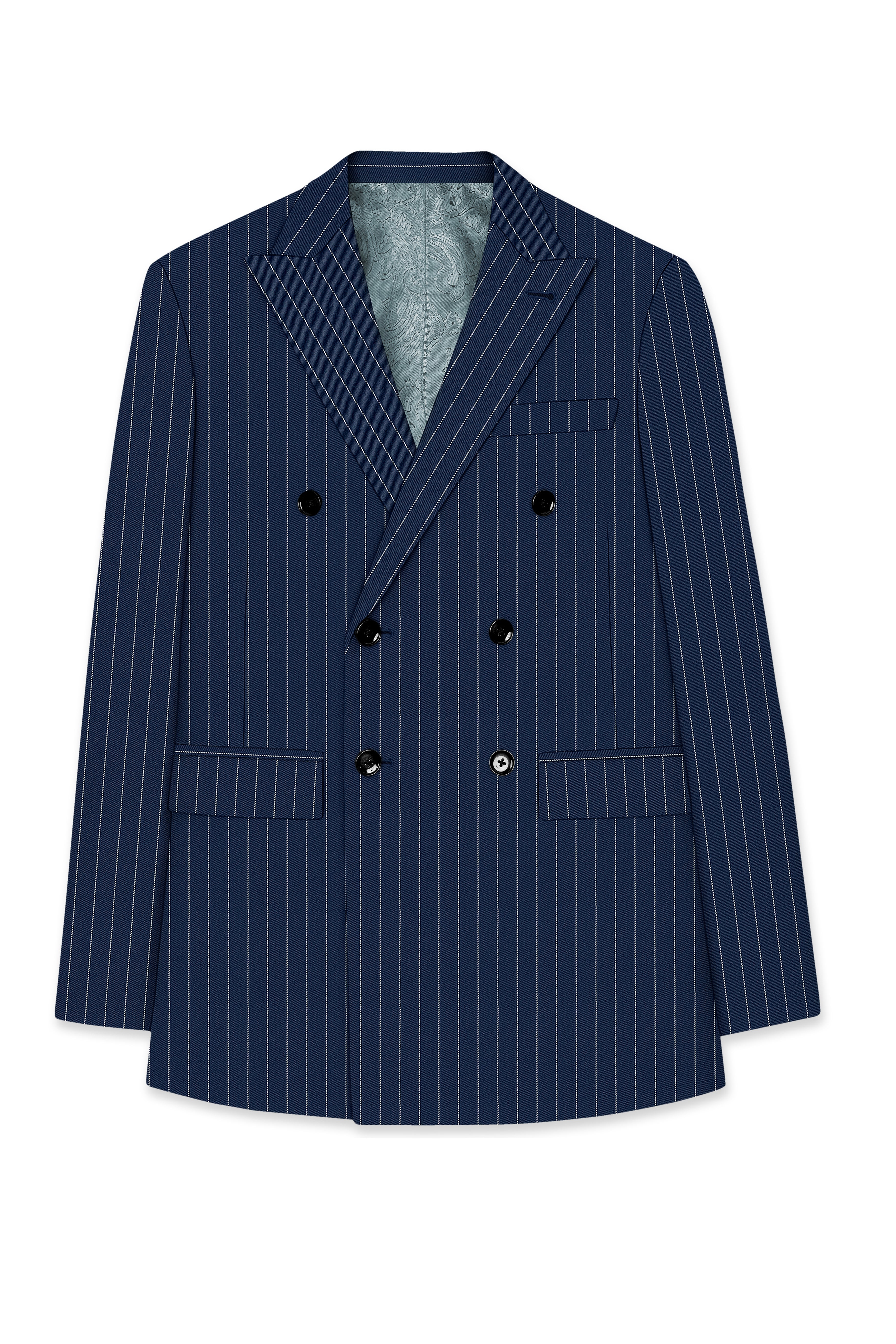 Veritus-Zodiac Blue And Bright White Chalk Striped Wool Rich Slight Stretch Double Breasted Blazer