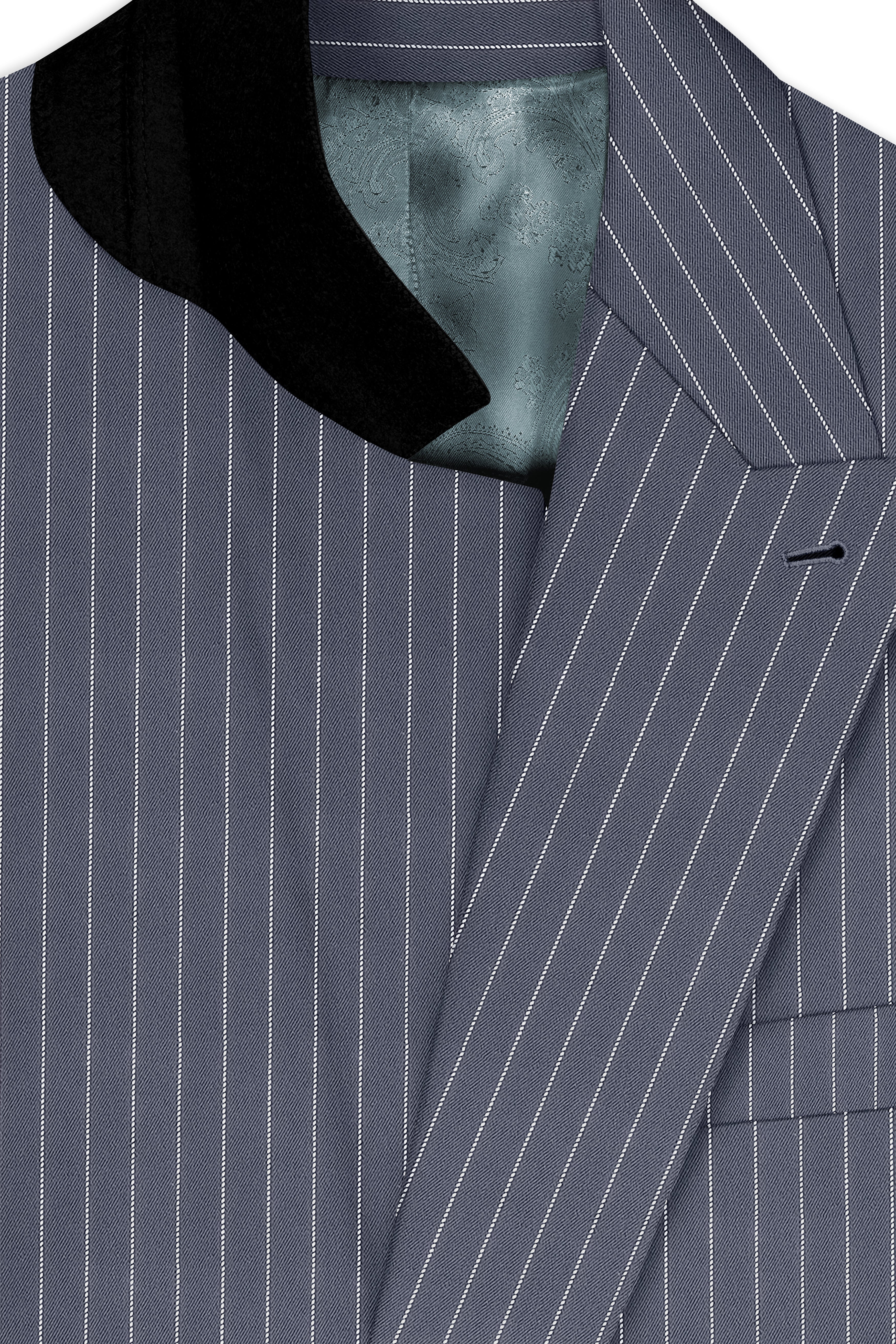 Monarch-Shark Gray And Bright White Chalk Striped Wool Rich Slight Stretch Double Breasted Blazer