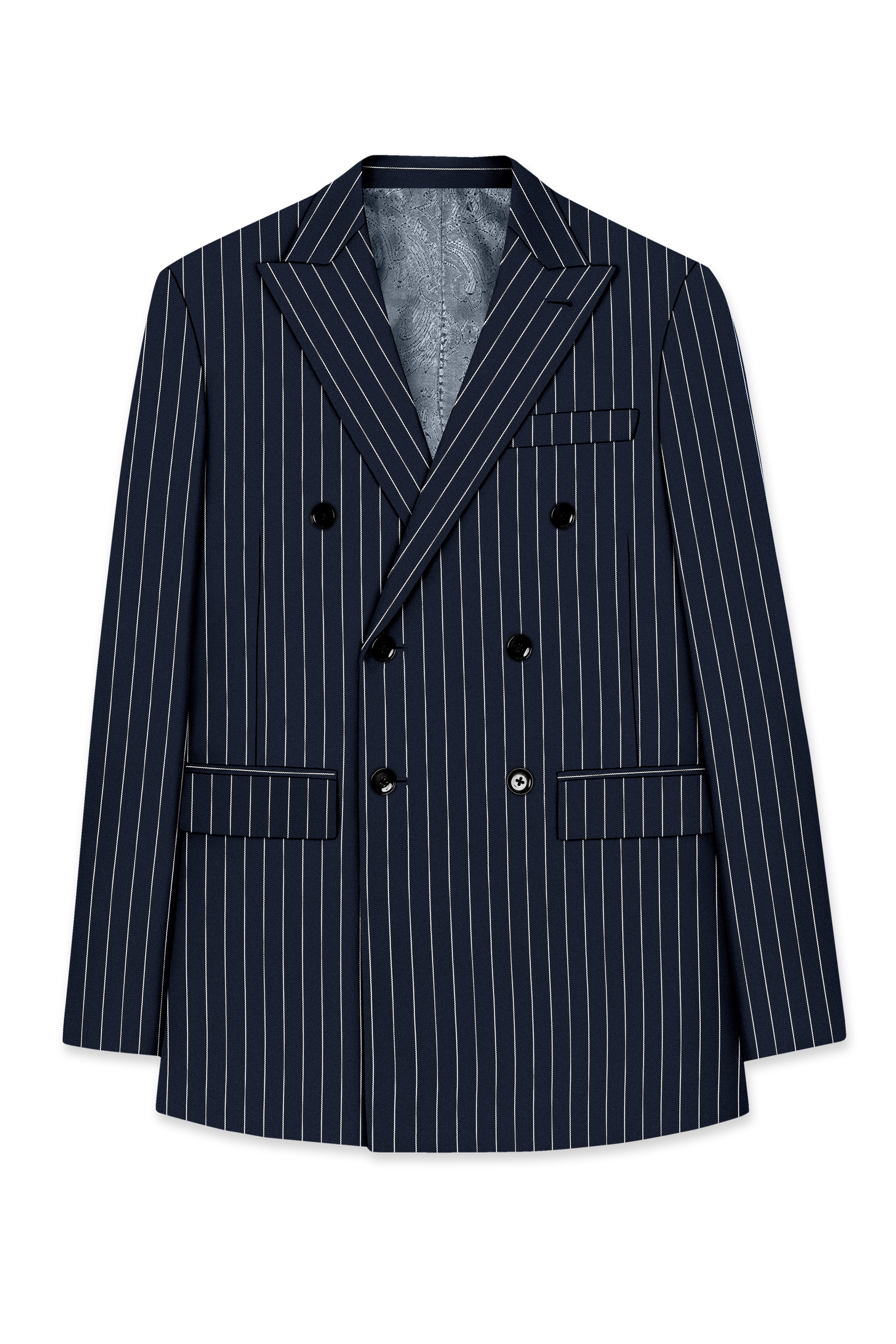 Echelon-Vulcan Blue Herringbone Striped Wool Rich Slight Stretch Double Breasted Blazer