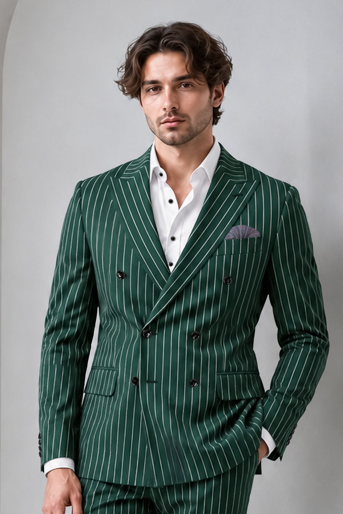 Arbor-Timber Green Herringbone Striped Wool Rich Slight Stretch Double Breasted Blazer