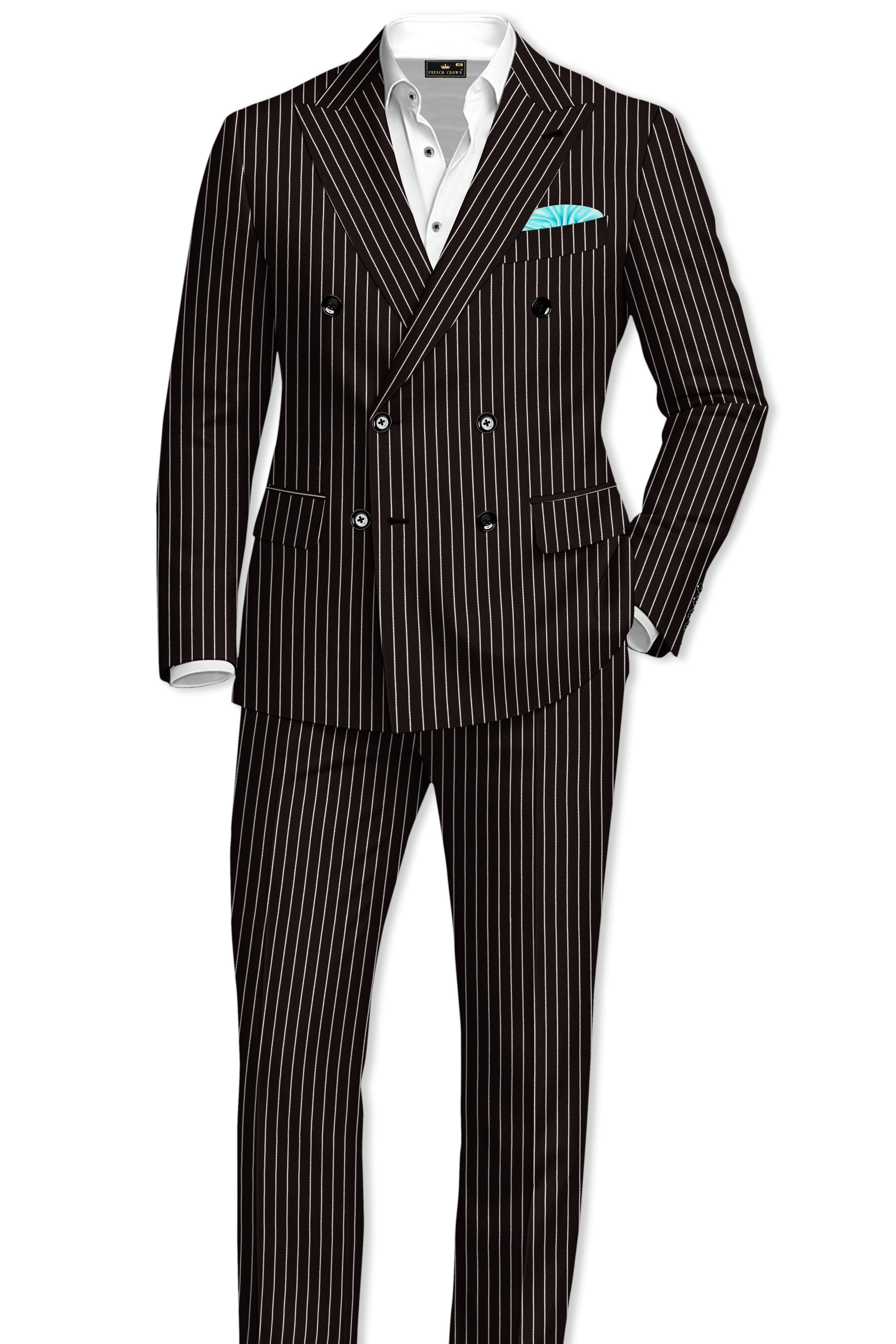 Bastion-Gondola Brown And Bright White Chalk Striped Wool Rich Slight Stretch Double Breasted Blazer