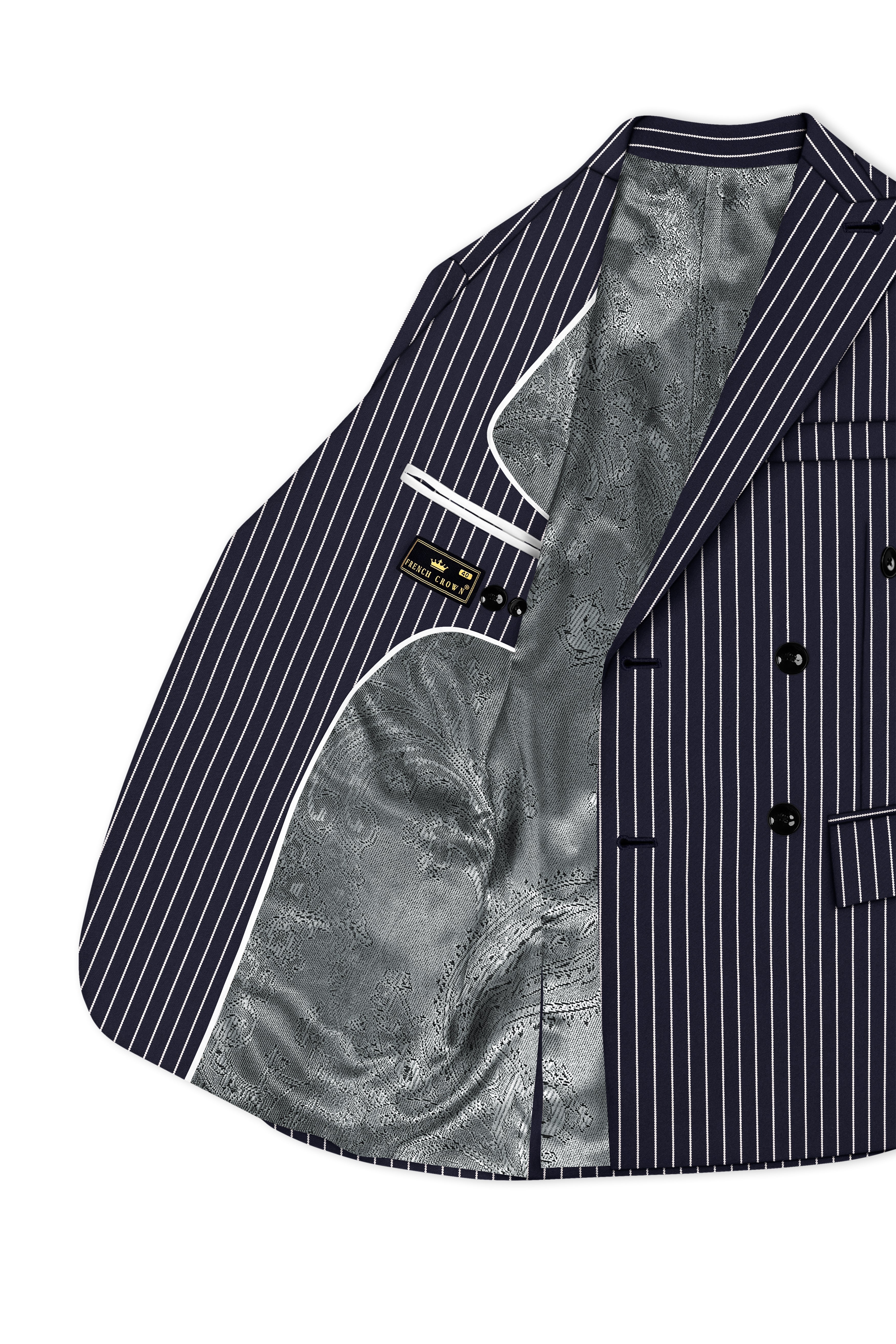 Maris-Baltic Sea Blue And Bright White Chalk Striped Wool Rich Slight Stretch Double Breasted Blazer