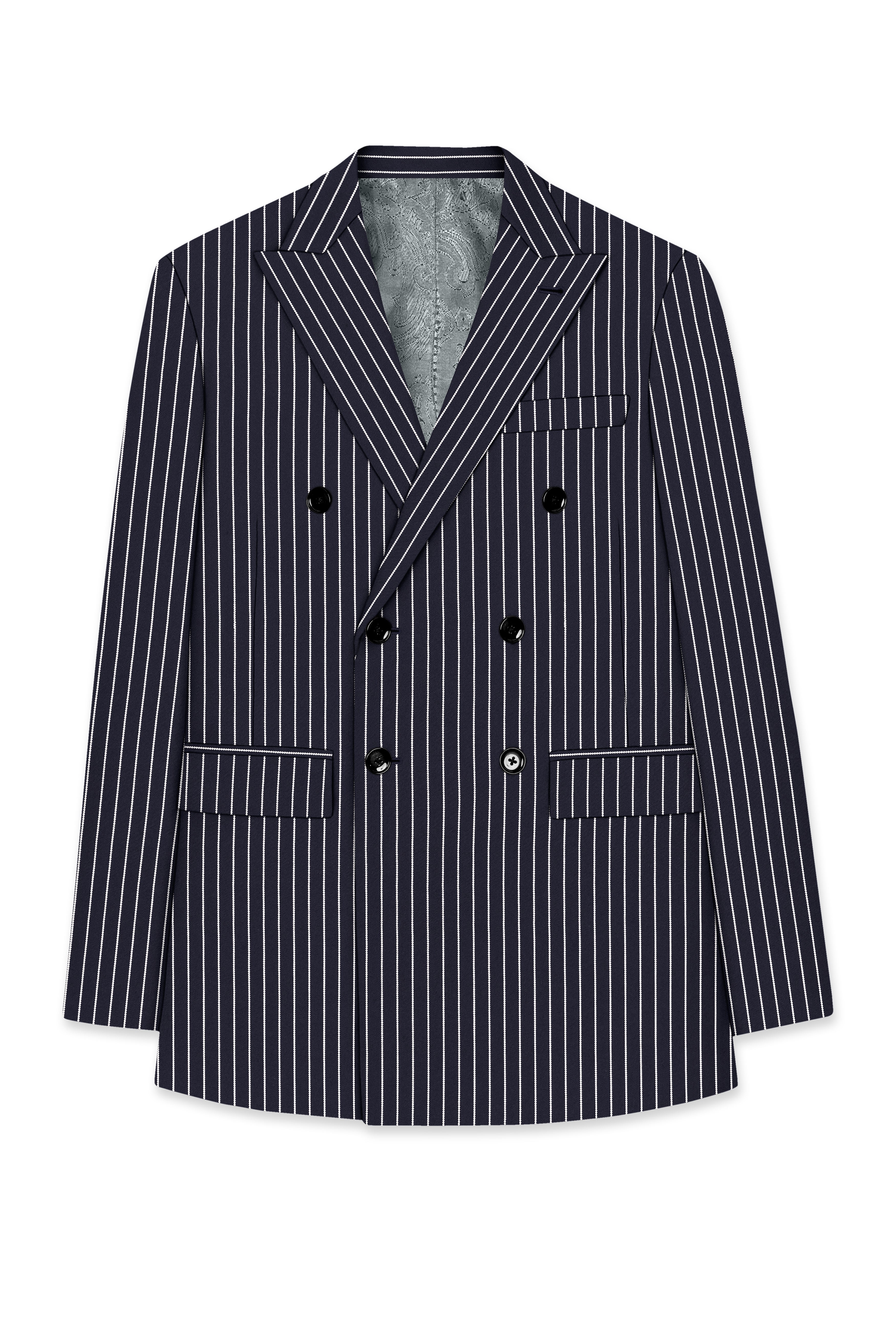 Maris-Baltic Sea Blue And Bright White Chalk Striped Wool Rich Slight Stretch Double Breasted Blazer