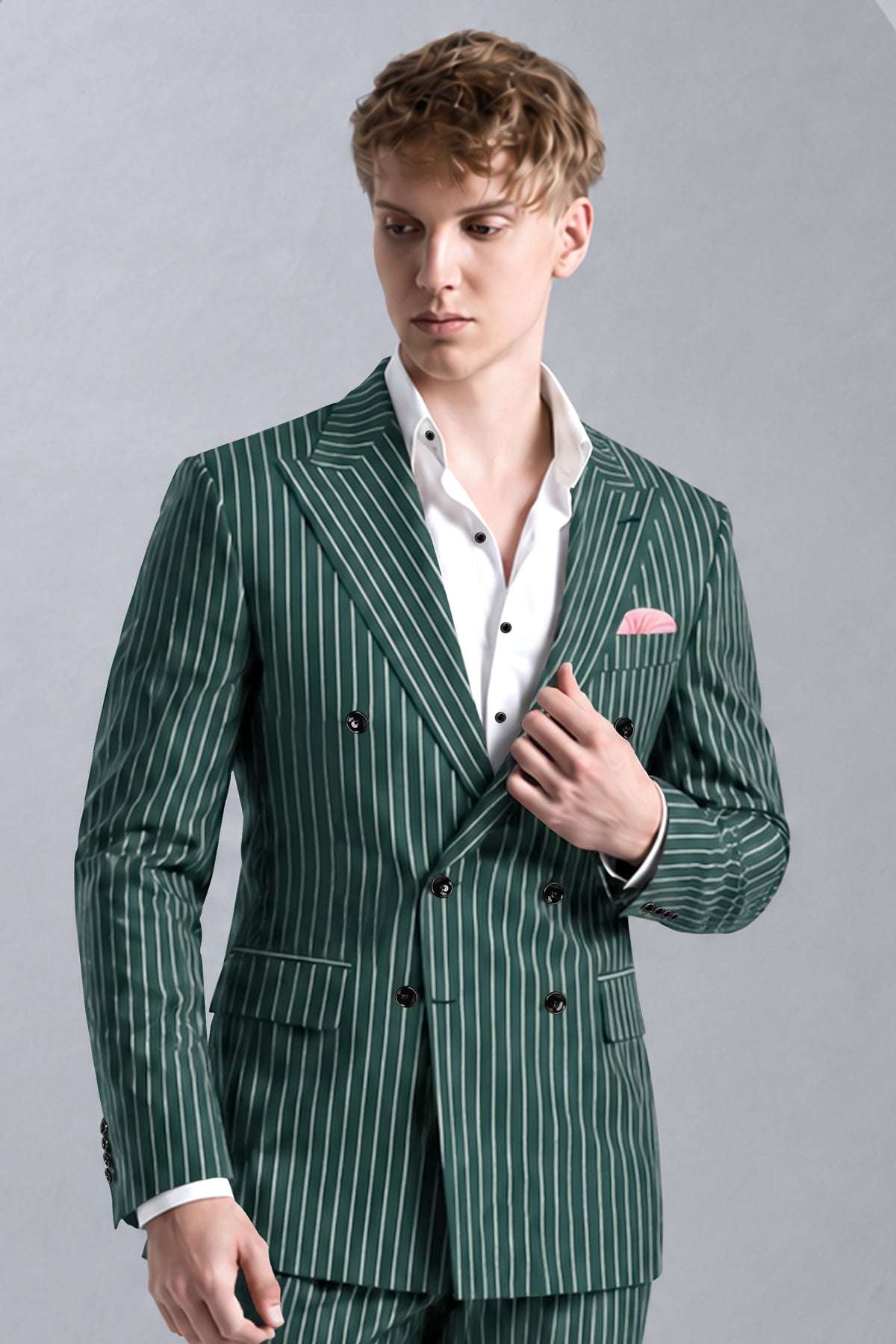 Forenza-Jungle Green And Bright White Chalk Striped Wool Rich Slight Stretch Double Breasted Blazer