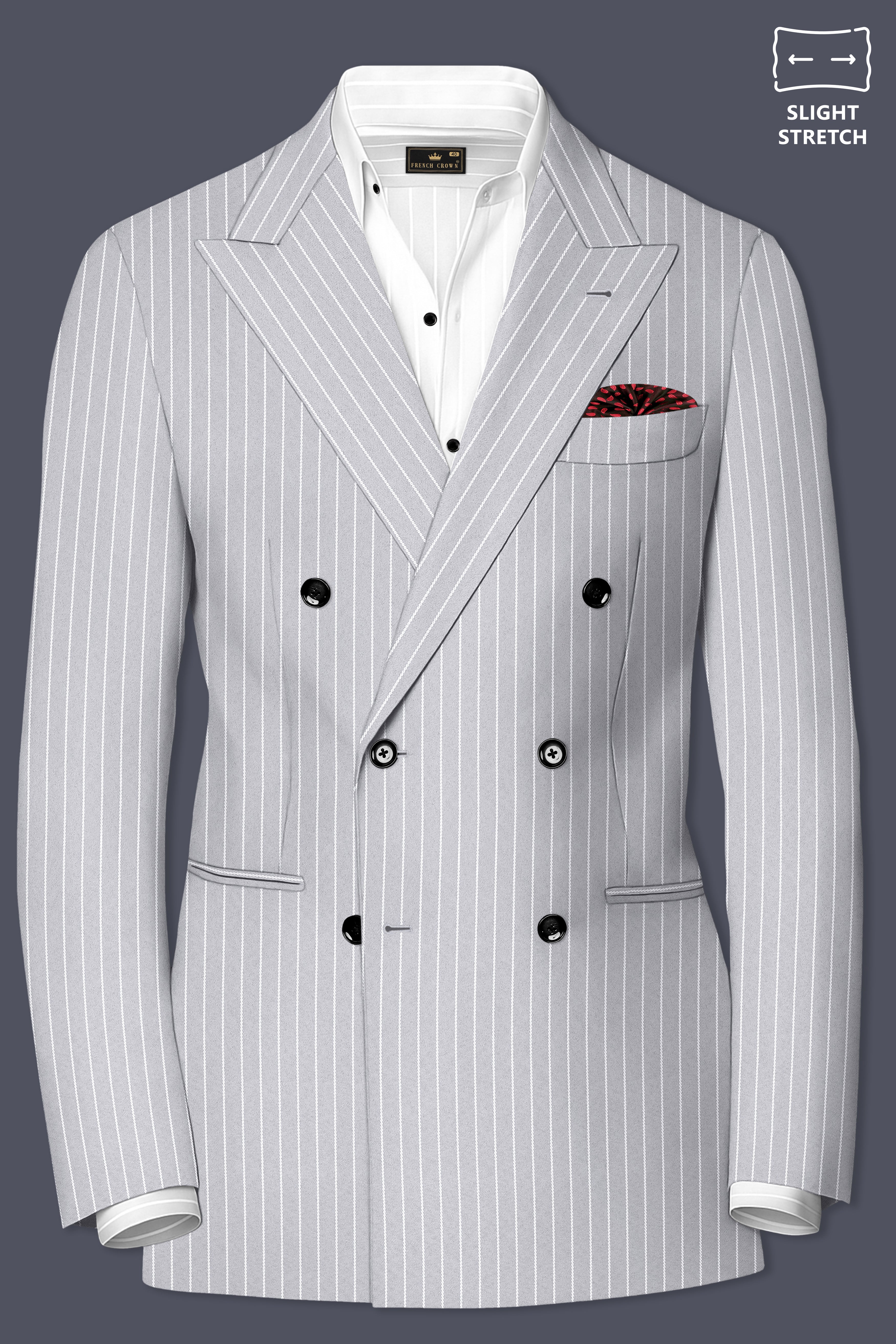 Sterlan-Goose Gray And Bright White Chalk Striped Wool Rich Slight Stretch Double Breasted Blazer