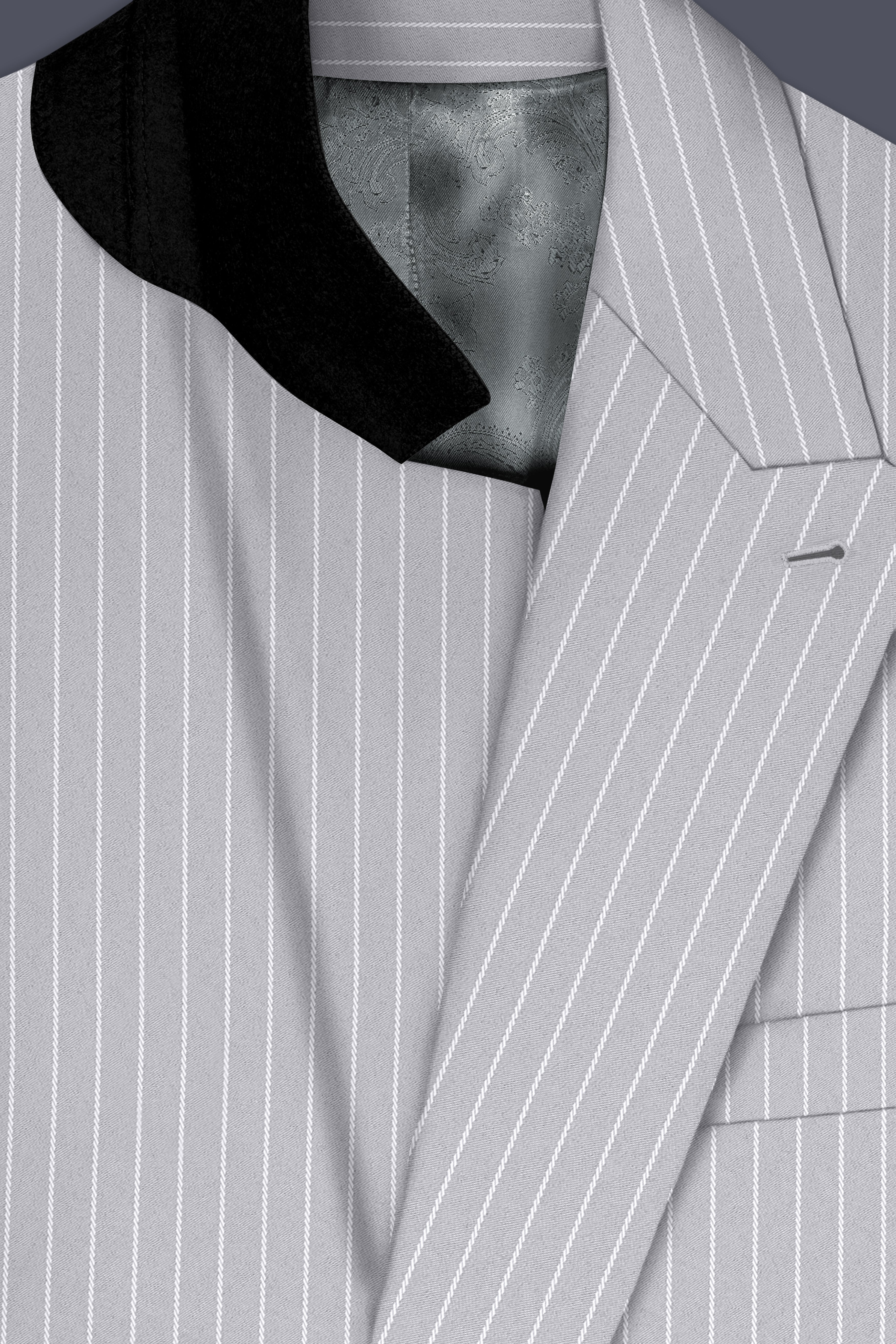 Sterlan-Goose Gray And Bright White Chalk Striped Wool Rich Slight Stretch Double Breasted Blazer