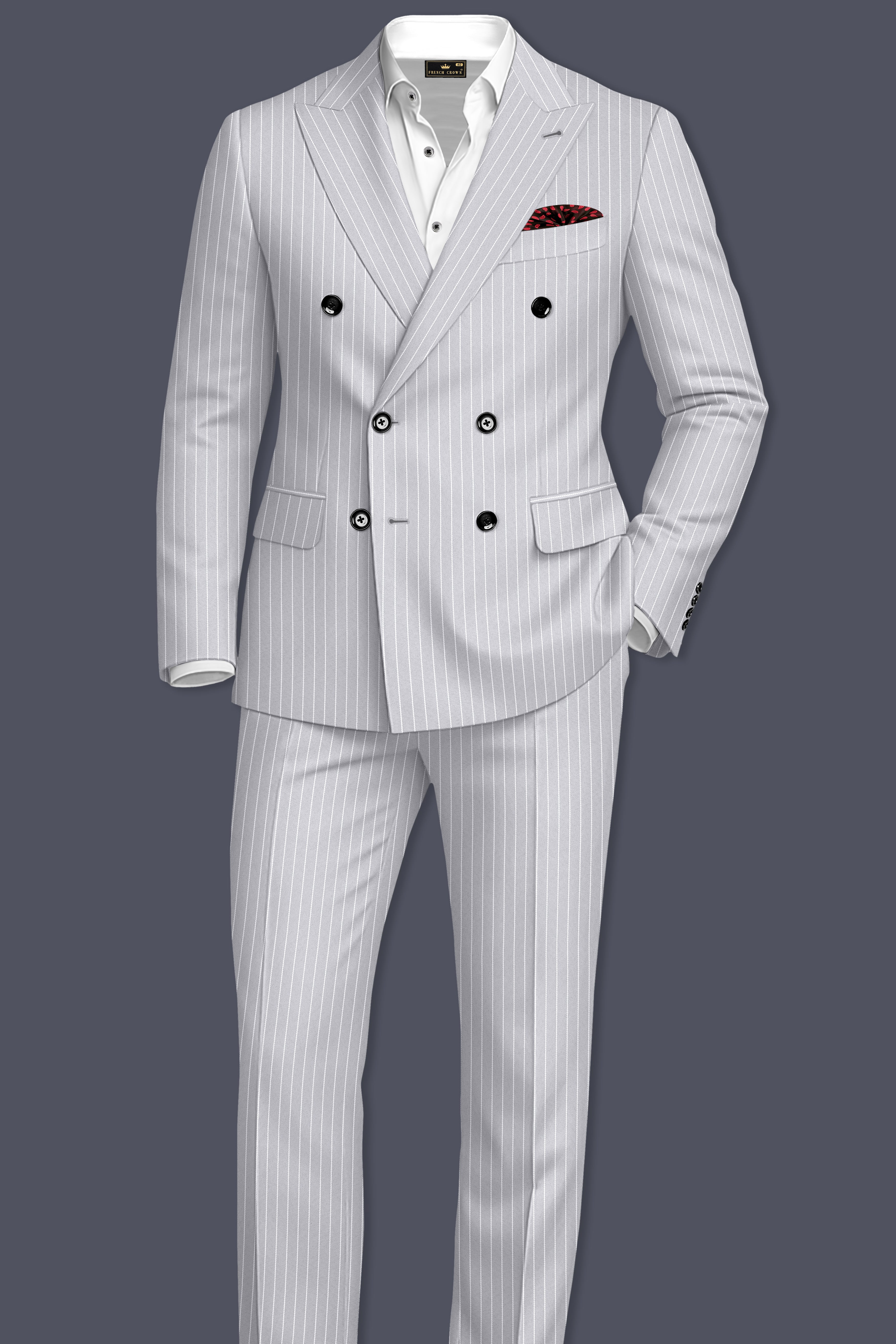 Sterlan-Goose Gray And Bright White Chalk Striped Wool Rich Slight Stretch Double Breasted Blazer