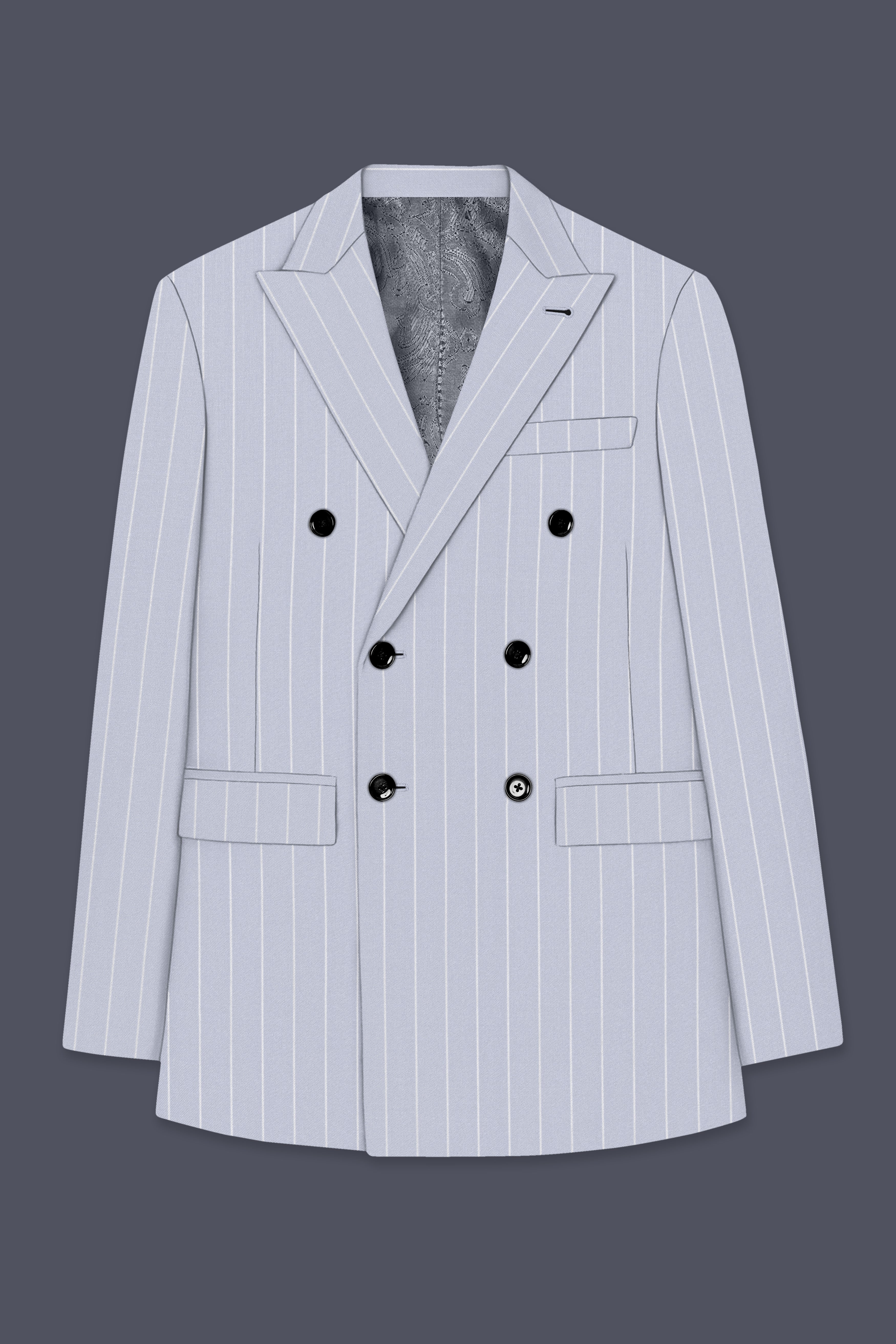 Axiom-Loblolly Gray And Bright White Chalk Striped Wool Rich Slight Stretch Double Breasted Blazer