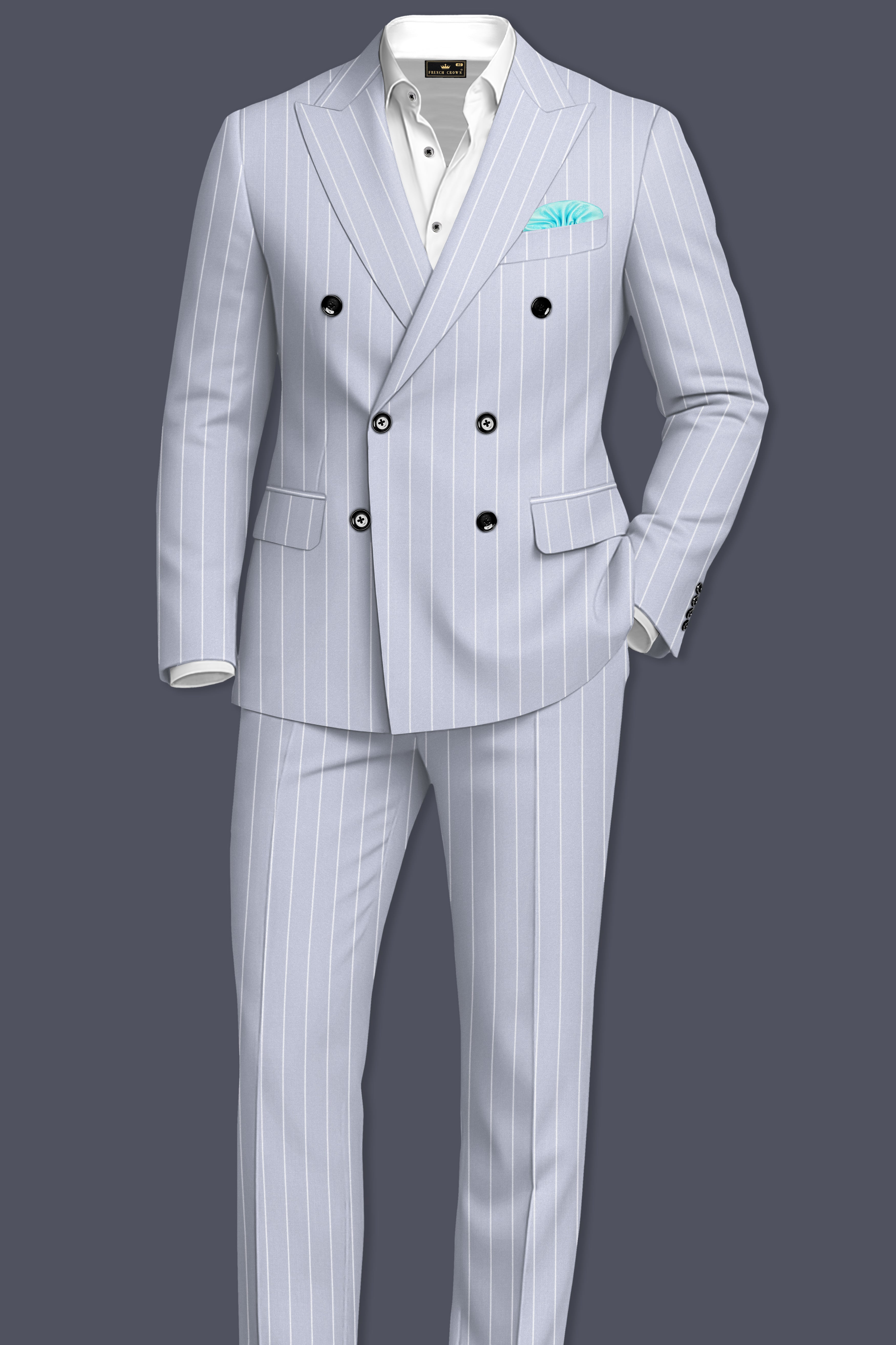 Axiom-Loblolly Gray And Bright White Chalk Striped Wool Rich Slight Stretch Double Breasted Blazer
