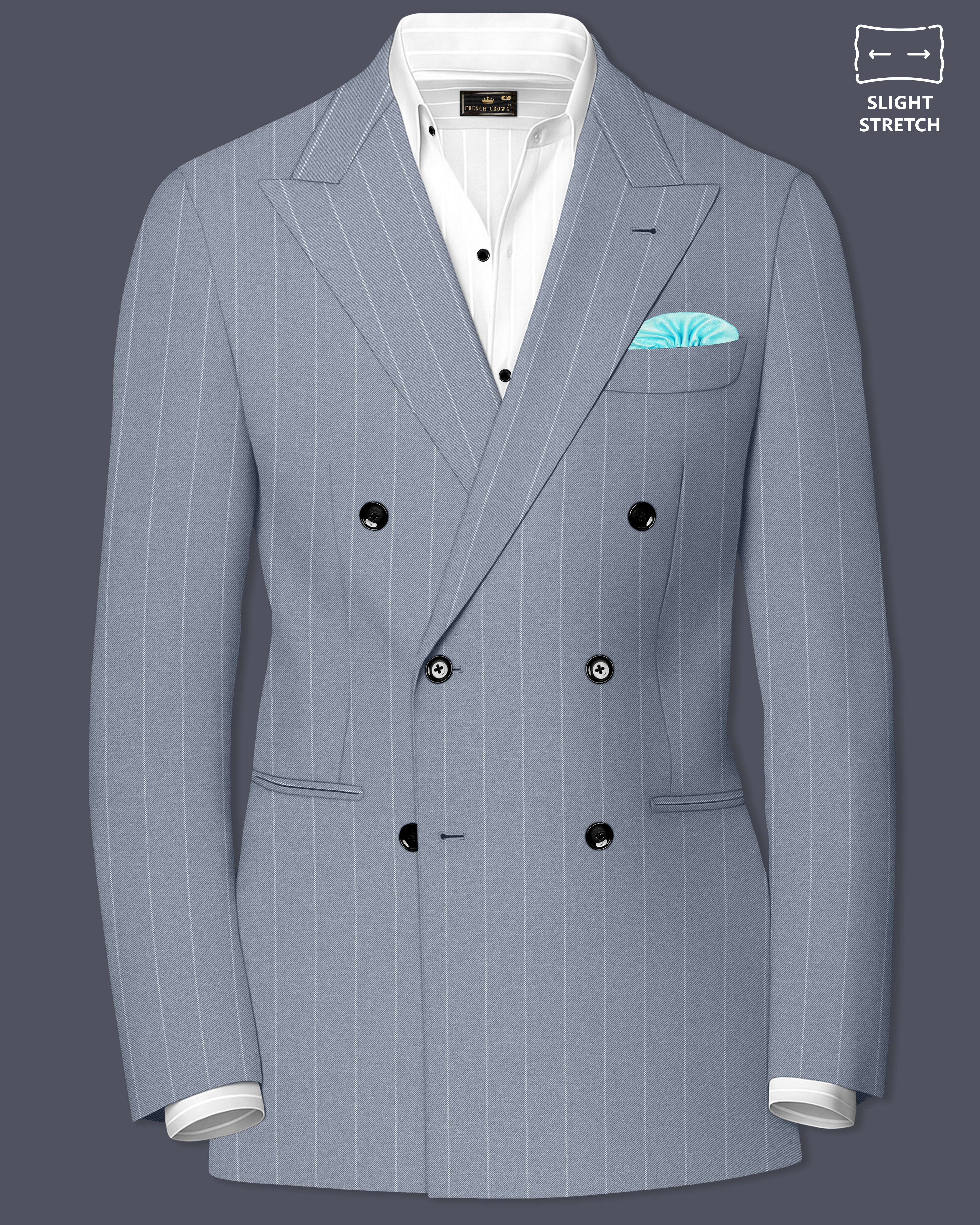Prestige-Regent Gray And Bright White Chalk Striped Wool Rich Slight Stretch Double Breasted Blazer
