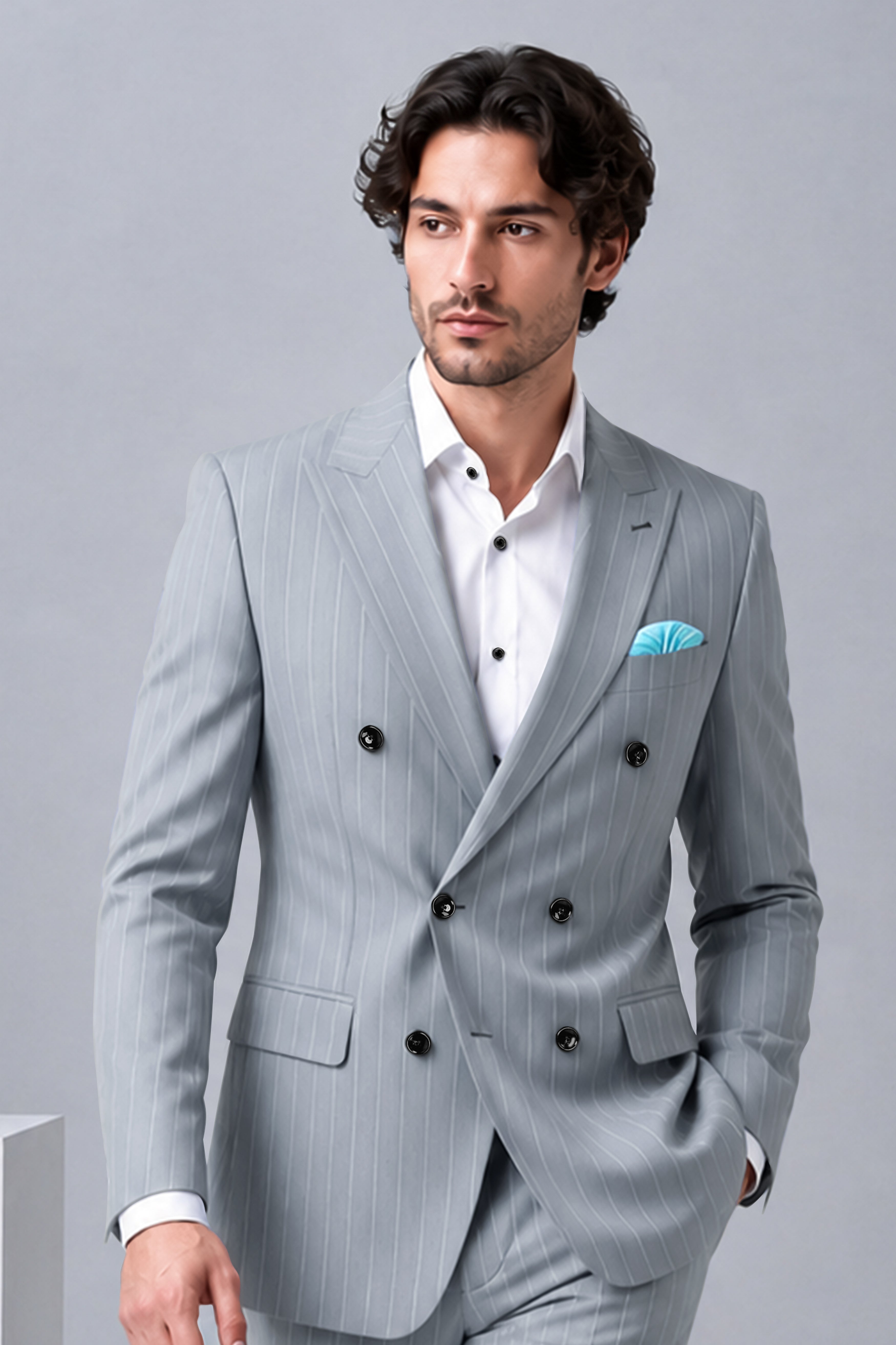 Prestige-Regent Gray And Bright White Chalk Striped Wool Rich Slight Stretch Double Breasted Blazer