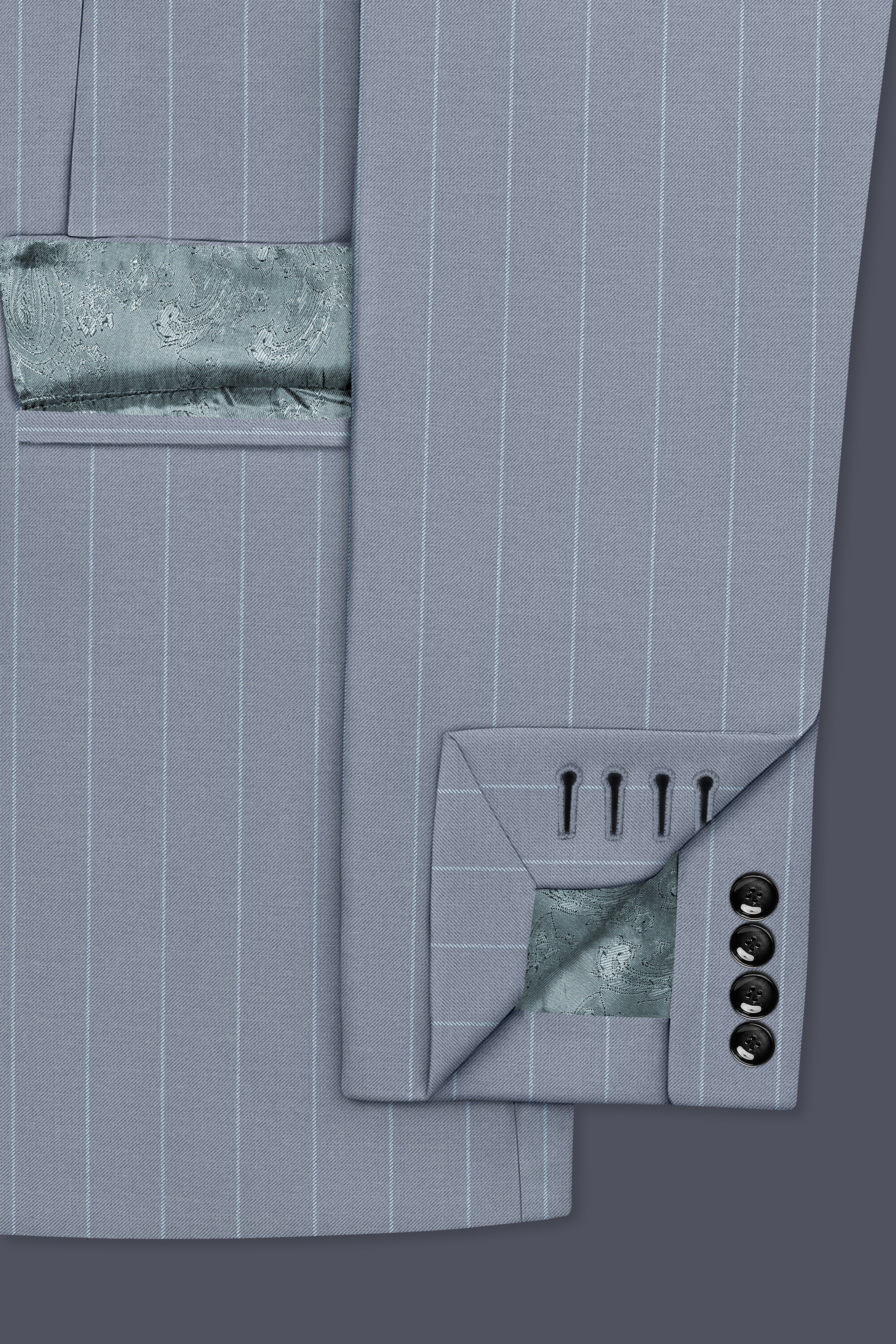 Prestige-Regent Gray And Bright White Chalk Striped Wool Rich Slight Stretch Double Breasted Blazer