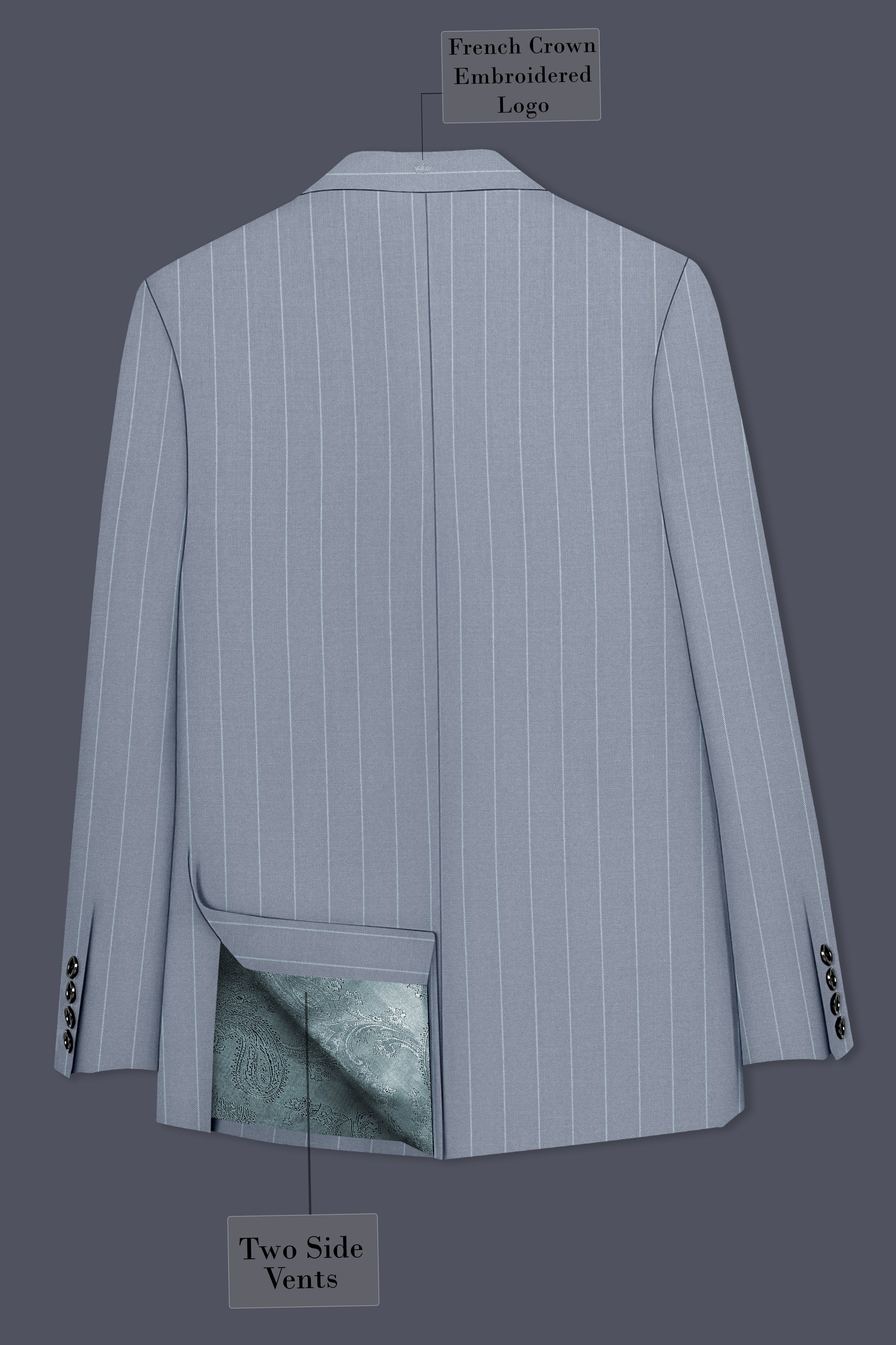 Prestige-Regent Gray And Bright White Chalk Striped Wool Rich Slight Stretch Double Breasted Blazer