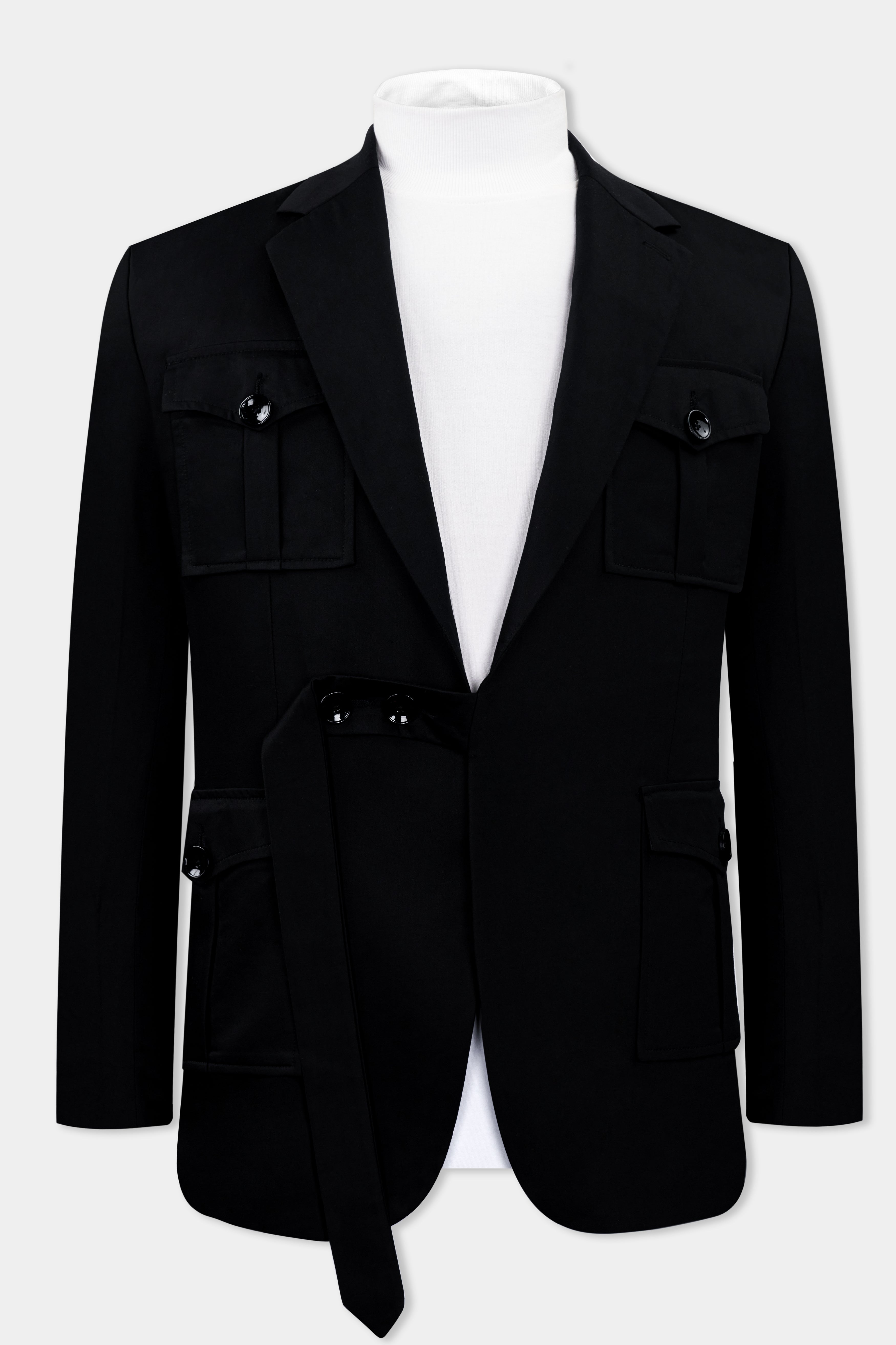 Jade Black Stretchable Subtle Sheen Patch Pockets Sport Blazer