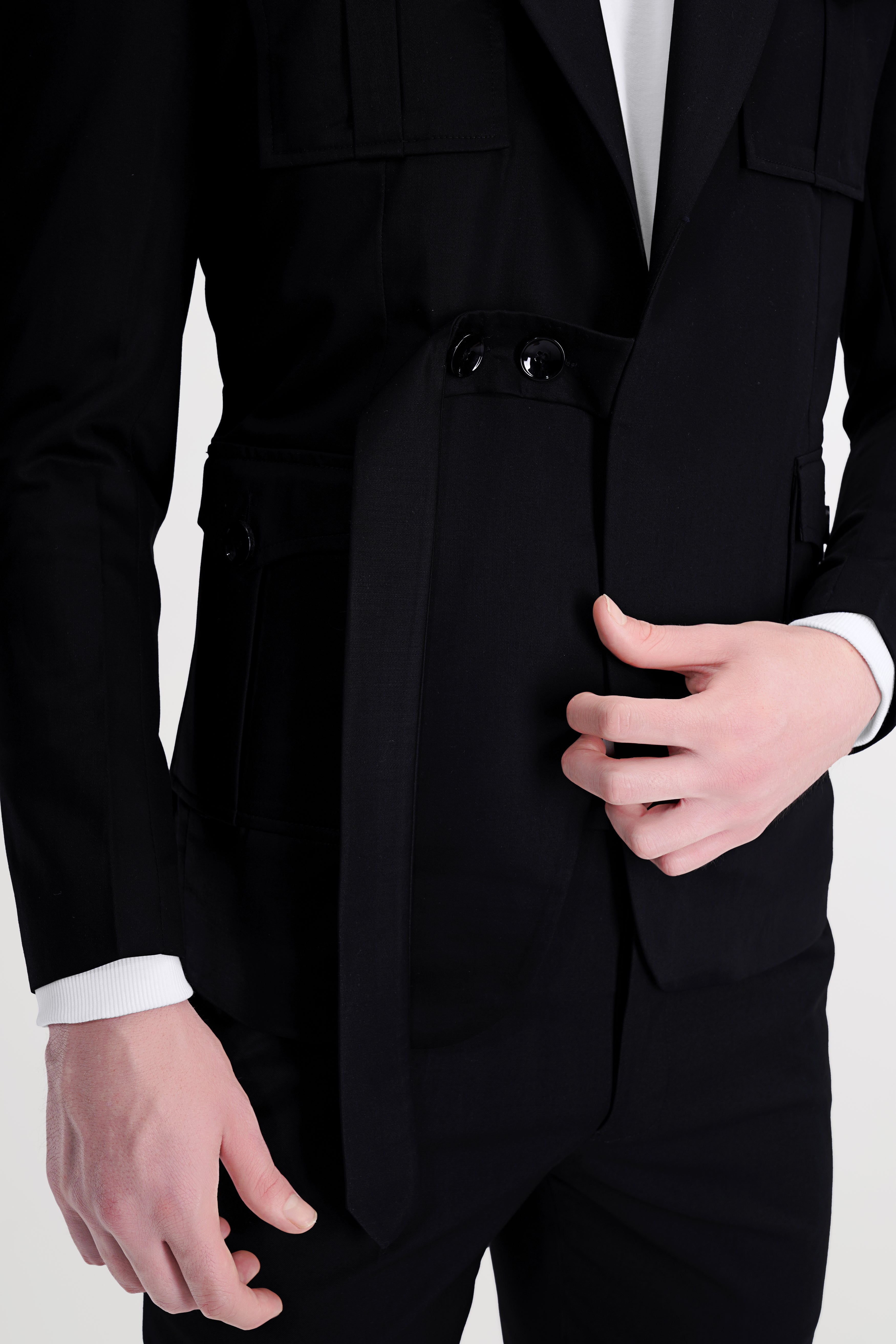 Jade Black Stretchable Subtle Sheen Patch Pockets Sport Blazer