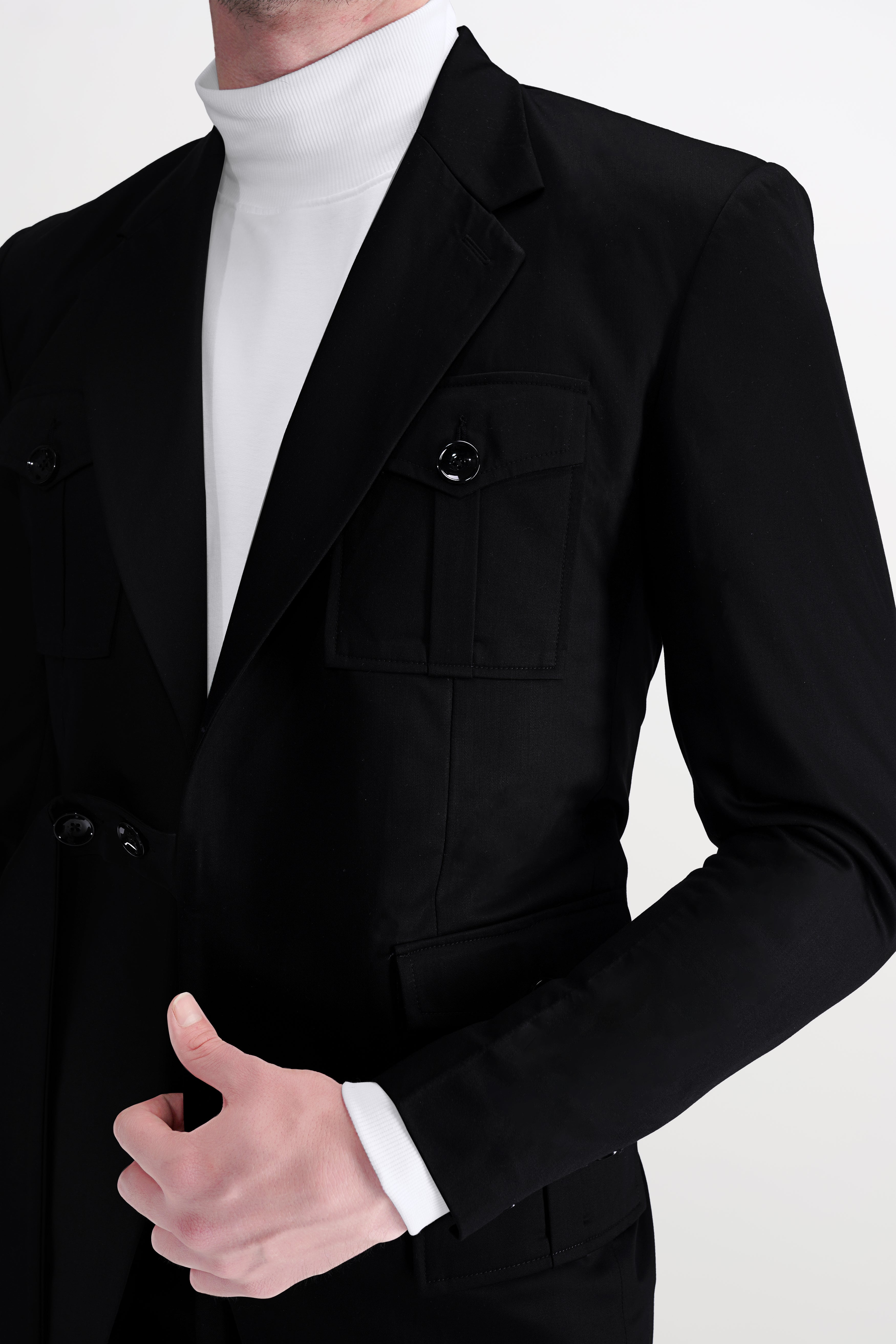 Jade Black Stretchable Subtle Sheen Patch Pockets Sport Blazer