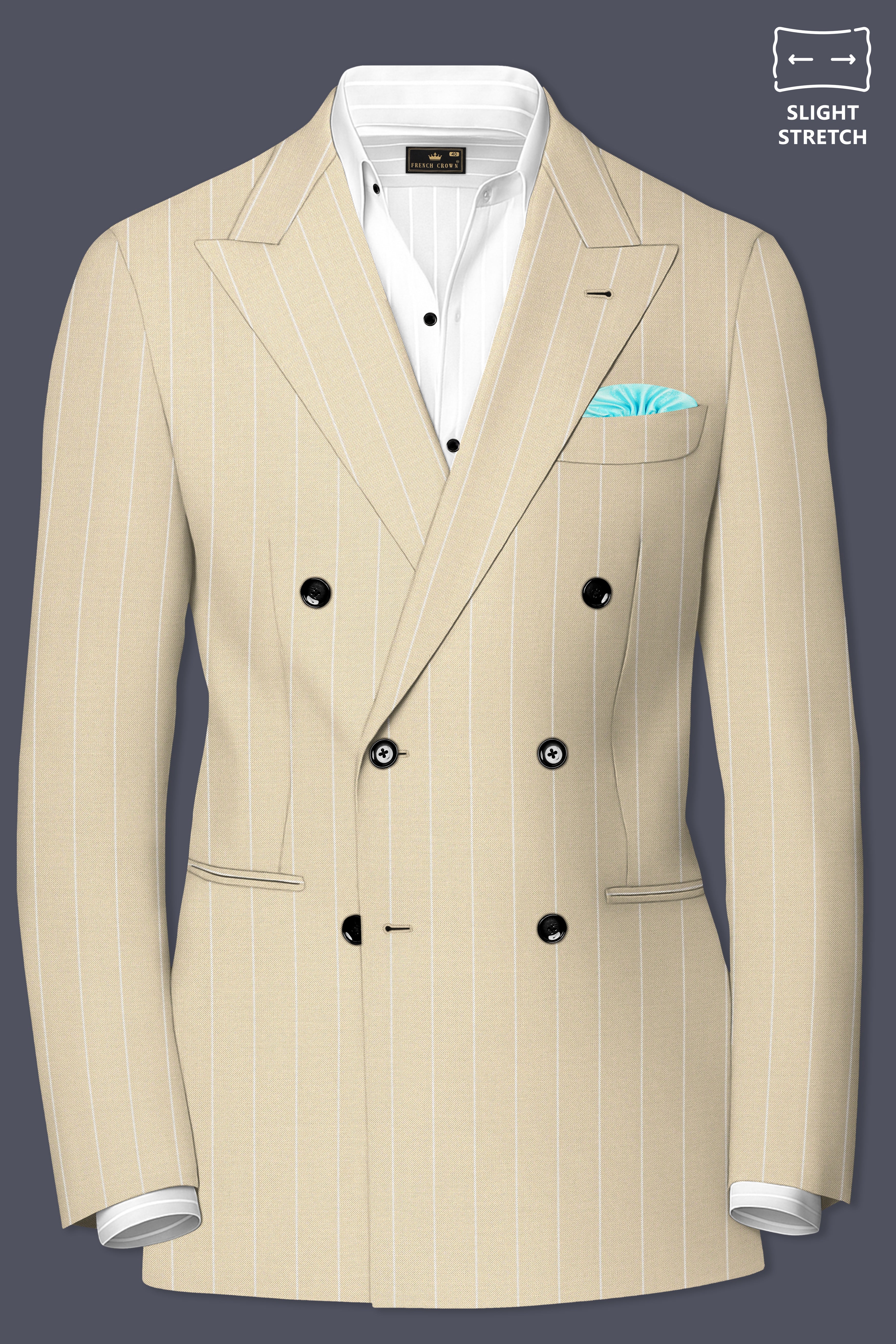 Lumier-Akaroa Cream And Bright White Chalk Striped Wool Rich Slight Stretch Double Breasted Blazer