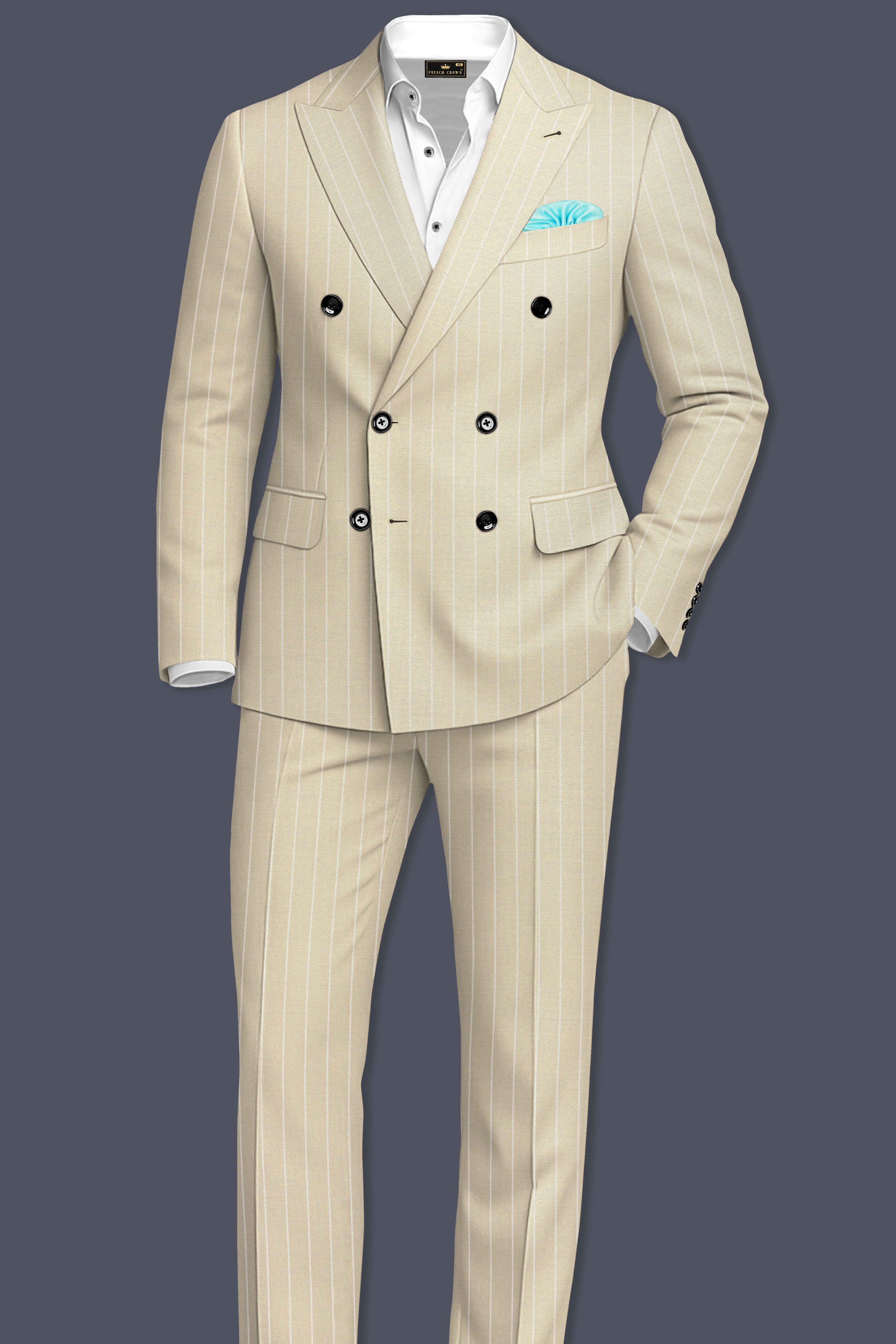 Lumier-Akaroa Cream And Bright White Chalk Striped Wool Rich Slight Stretch Double Breasted Blazer