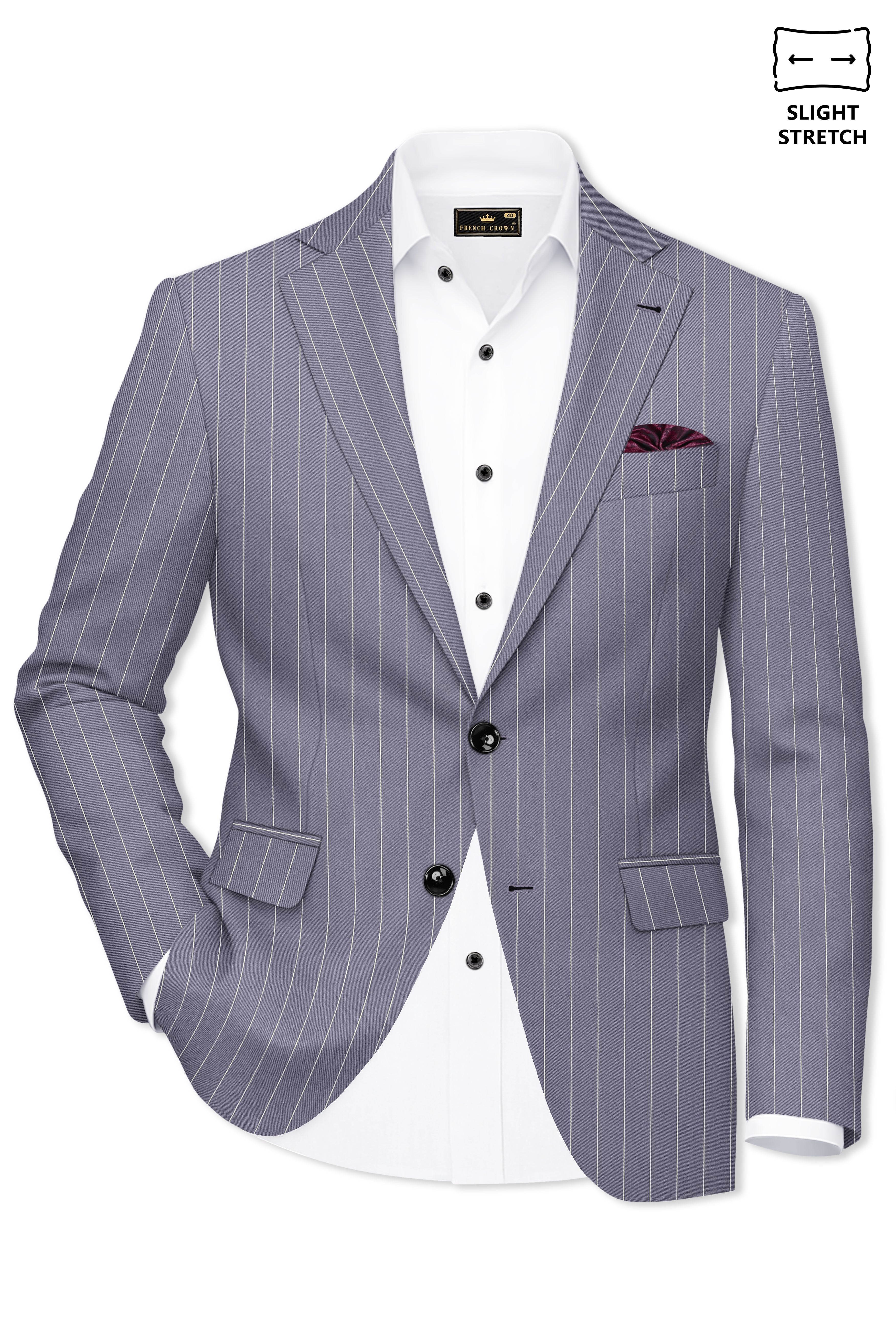 Regent-Mobster Gray And Bright White Chalk Striped Wool Rich Slight Stretch Single Breasted Blazer