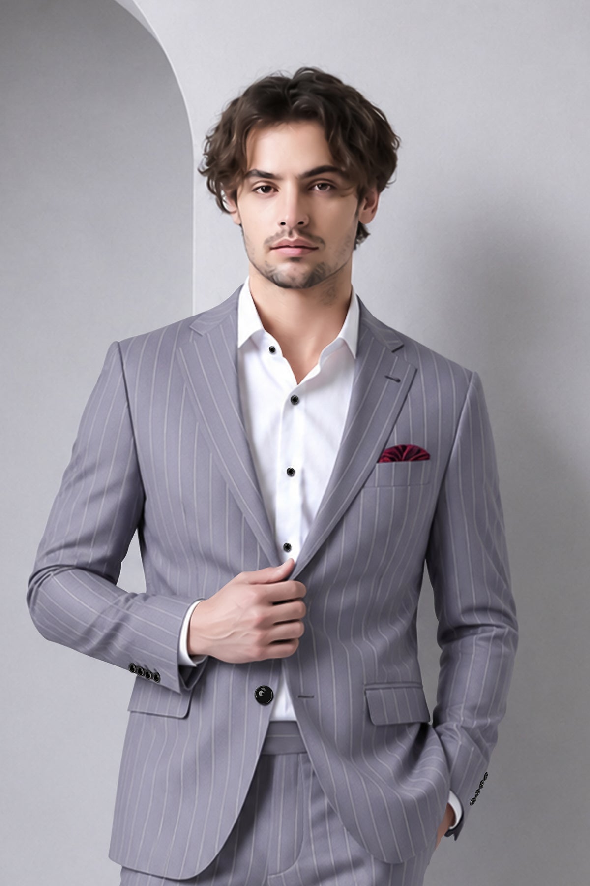 Regent-Mobster Gray And Bright White Chalk Striped Wool Rich Slight Stretch Single Breasted Blazer