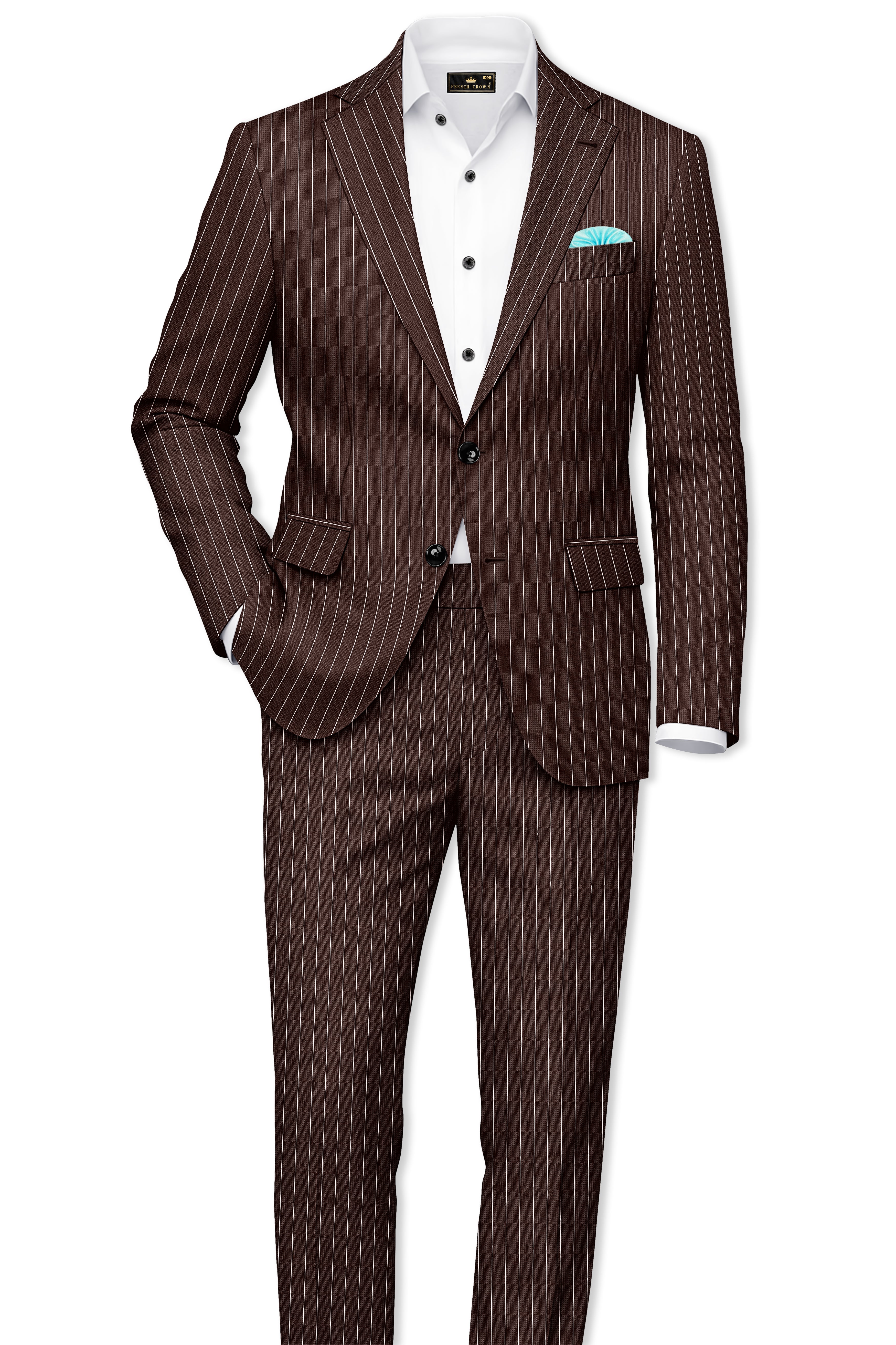 Bristol-Bistre Brown And Bright White Chalk Striped Wool Rich Slight Stretch Single Breasted Blazer