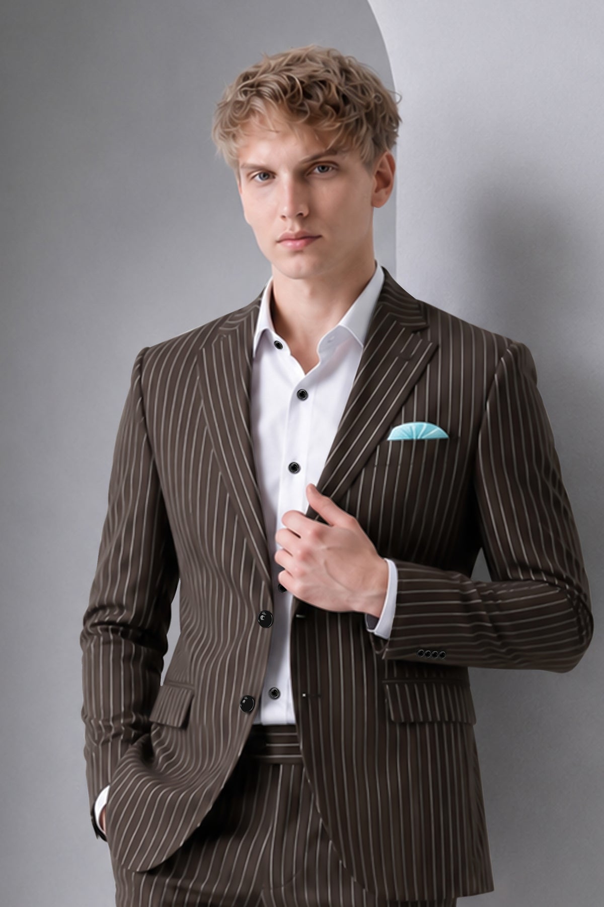 Sovereign-Umber Brown And Bright White Chalk Striped Wool Rich Slight Stretch Single Breasted Blazer