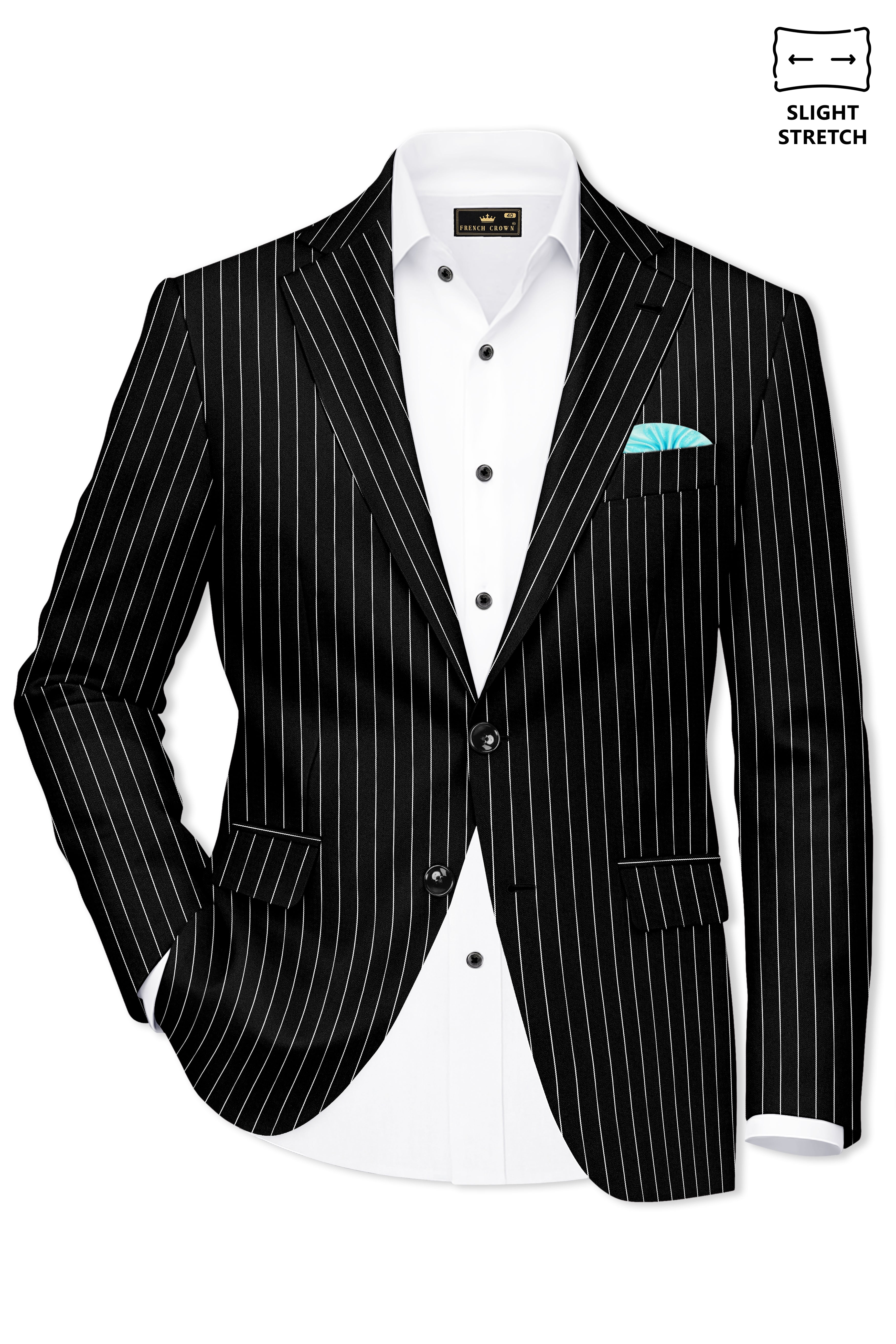 Noir-Jade Black Herringbone Striped Wool Rich Slight Stretch Single Breasted Blazer