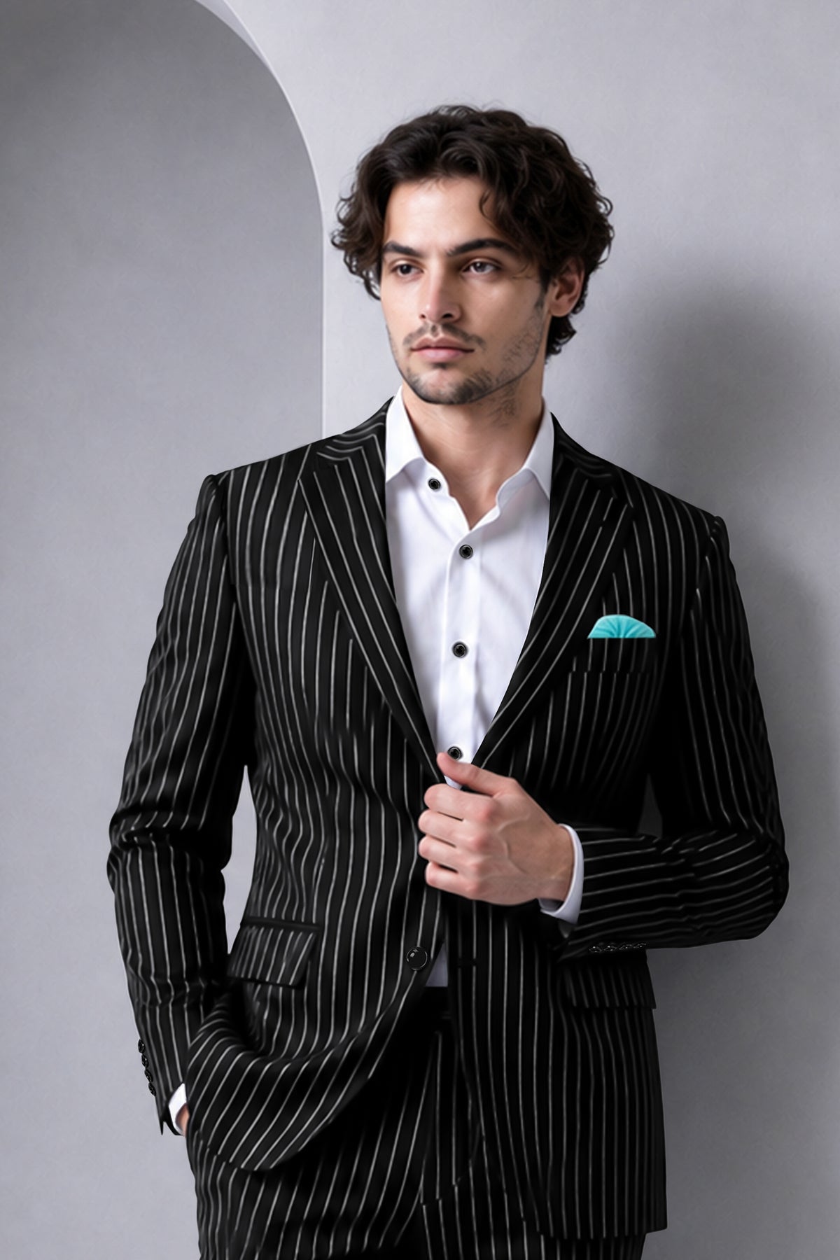 Noir-Jade Black Herringbone Striped Wool Rich Slight Stretch Single Breasted Blazer