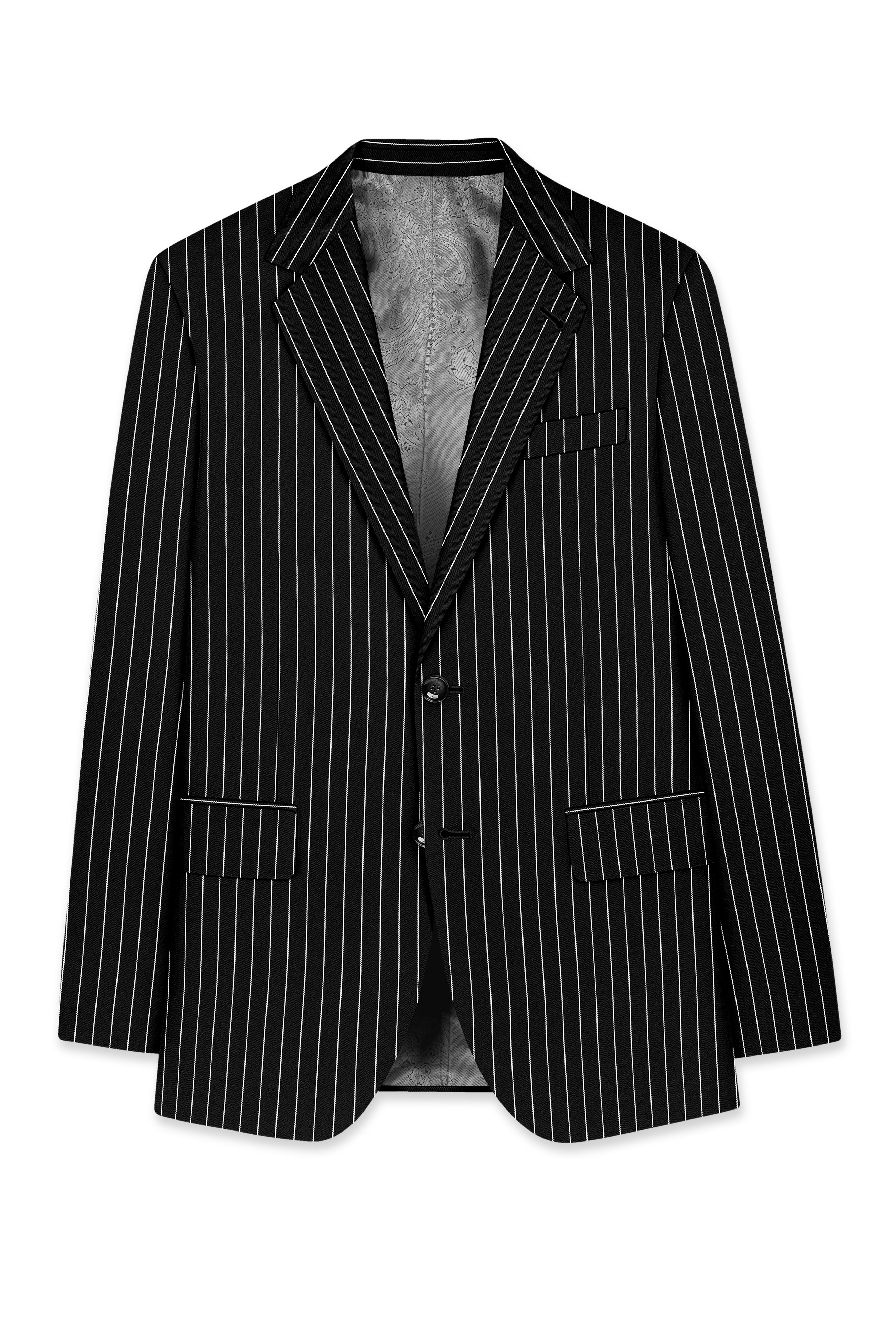 Noir-Jade Black Herringbone Striped Wool Rich Slight Stretch Single Breasted Blazer