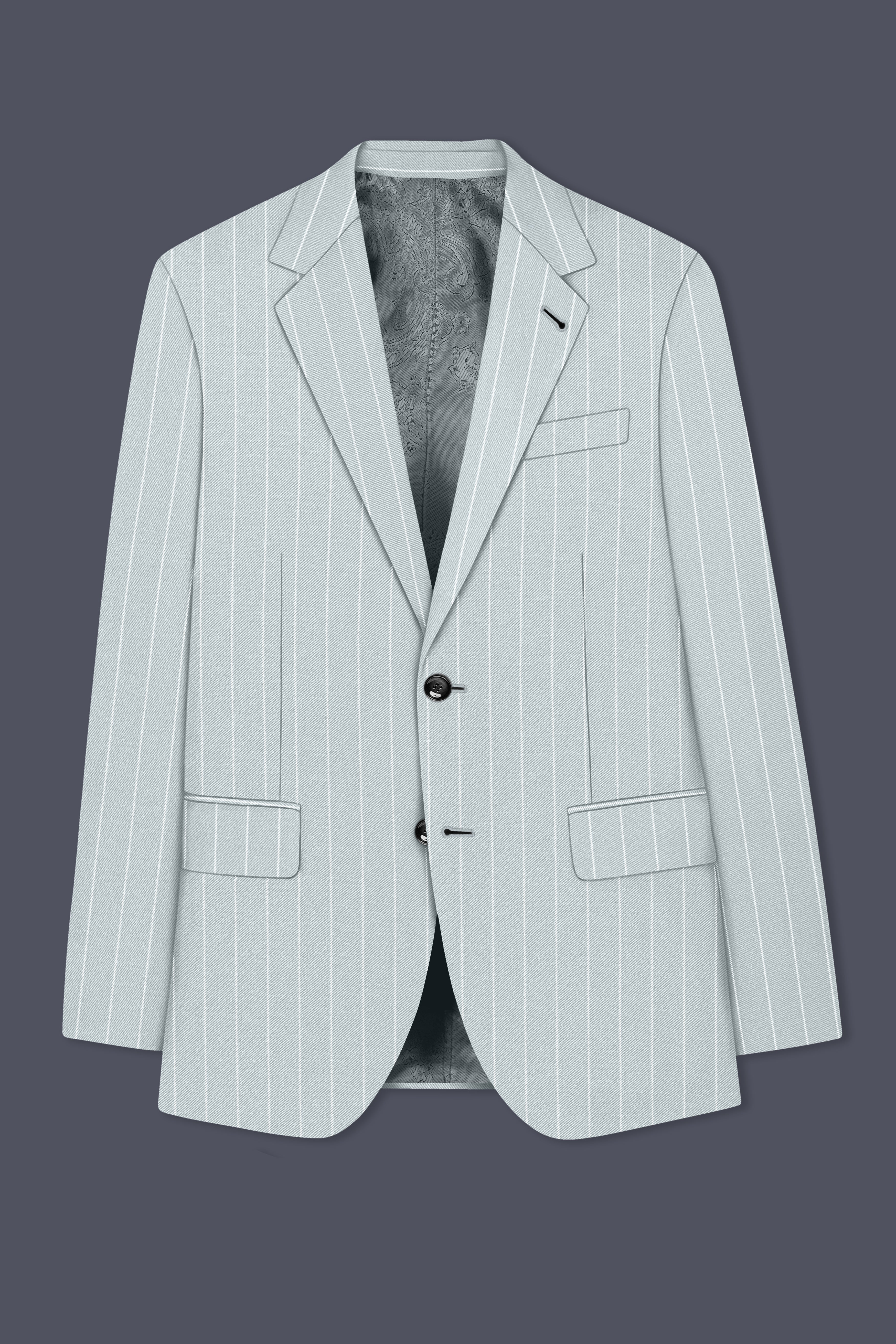 Slate-Tiara Gray And Bright White Chalk Striped Wool Rich Slight Stretch Single Breasted Blazer