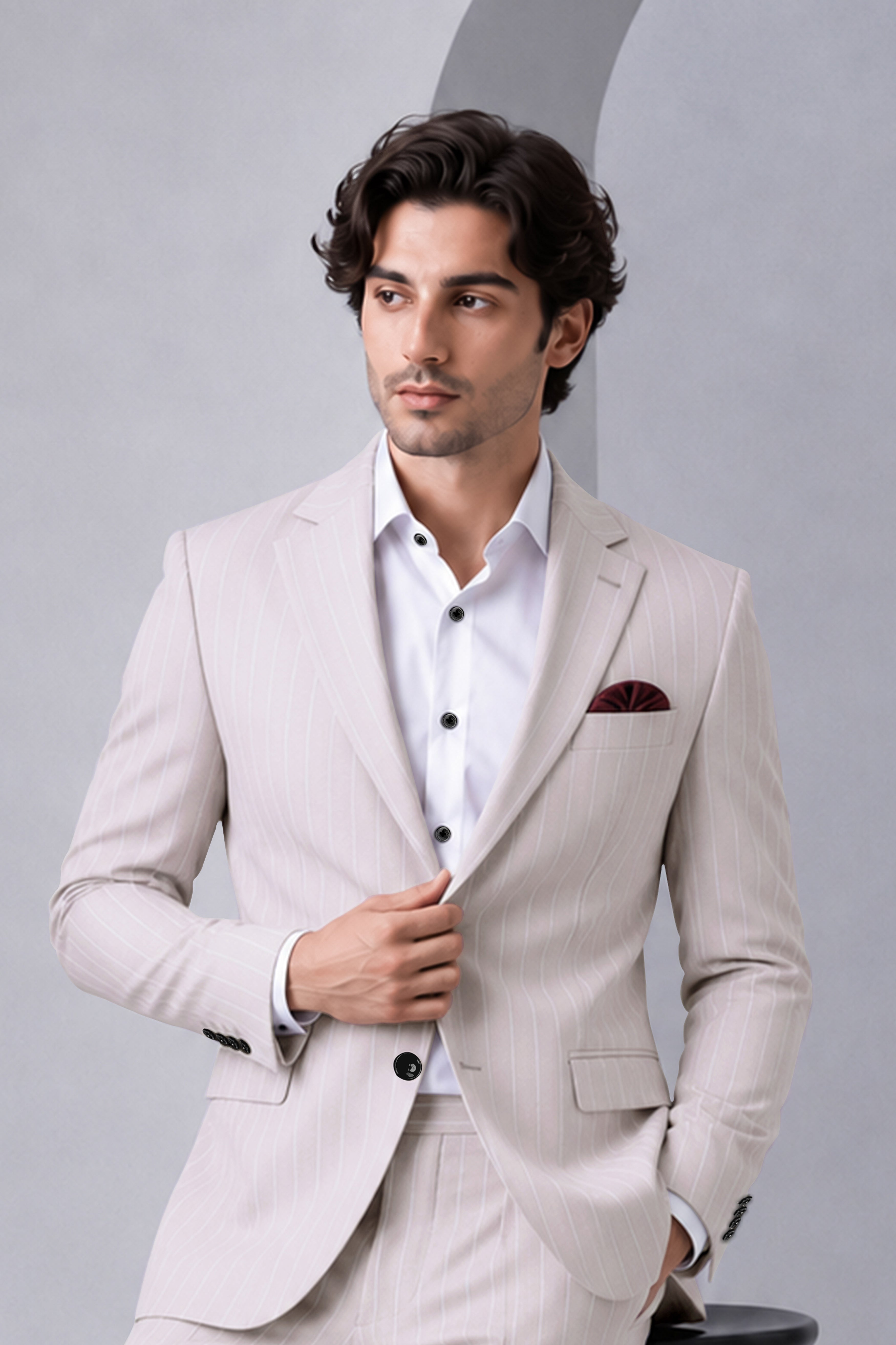 Roselle-Thistle Pink And Bright White Chalk Striped Wool Rich Slight Stretch Single Breasted Blazer