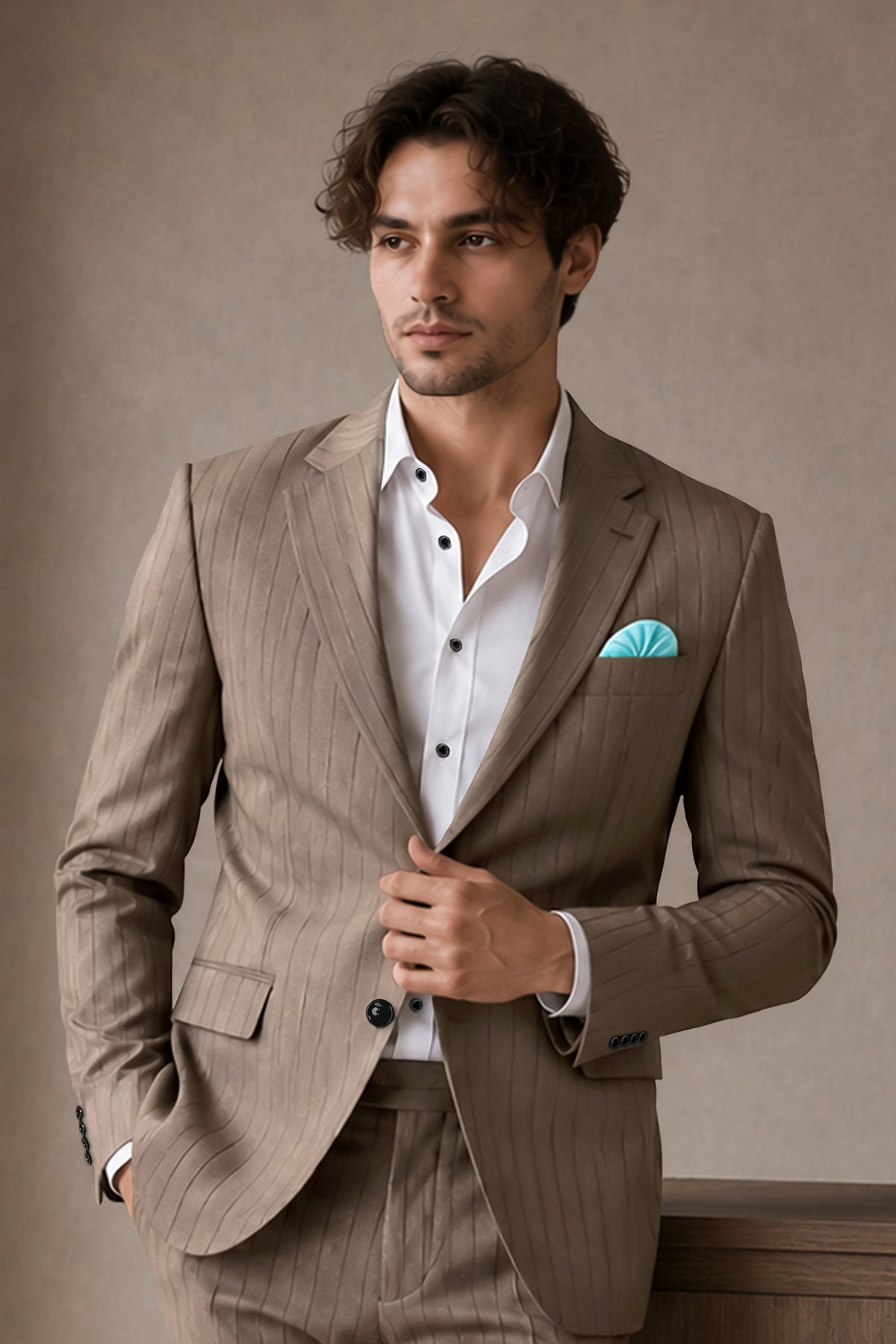 Obsidian-Fuscous Brown And Jade Black Chalk Striped Wool Rich Slight Stretch Single Breasted Blazer