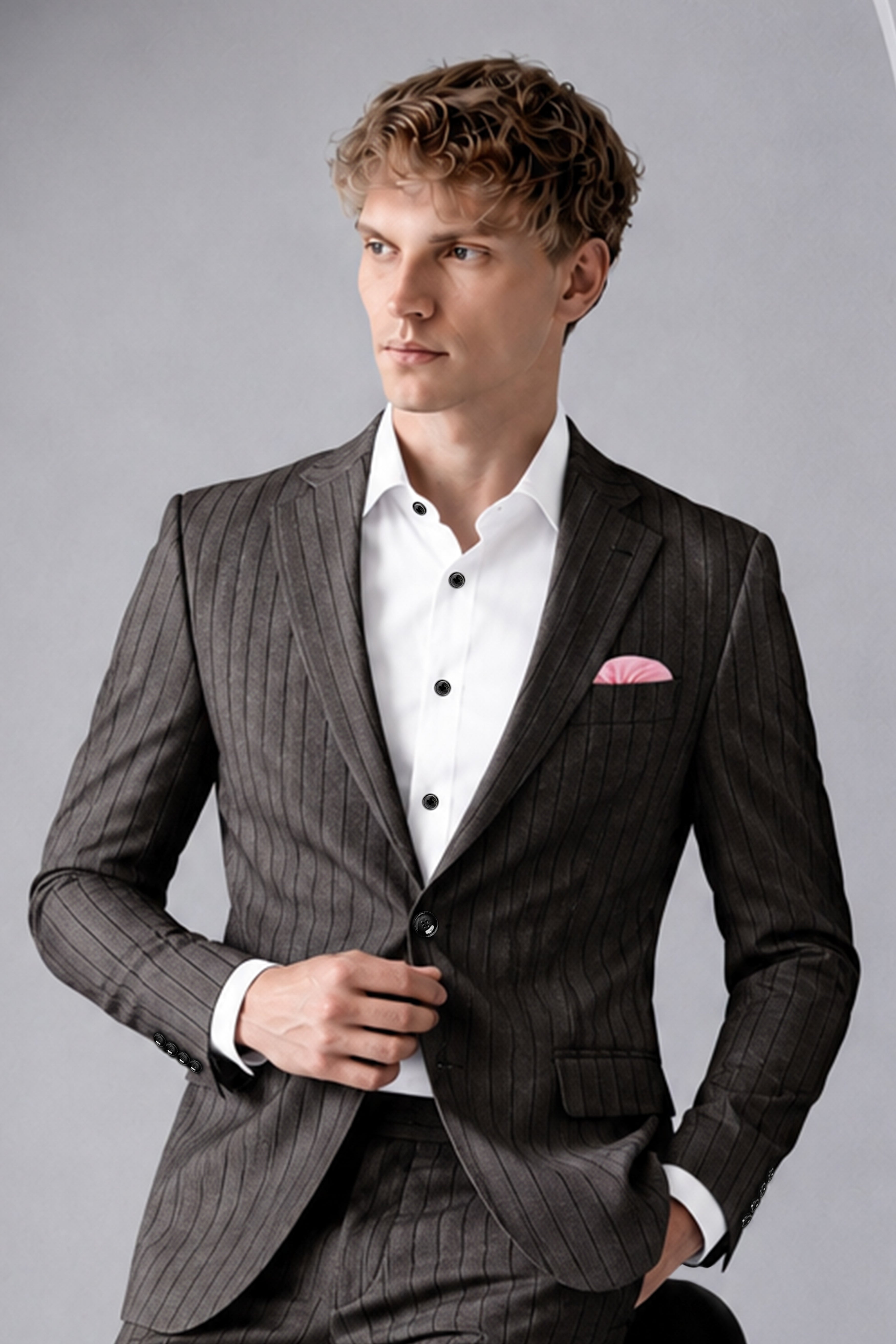Heritage-Iridium Brown And Bright White Chalk Striped Wool Rich Slight Stretch Single Breasted Blazer