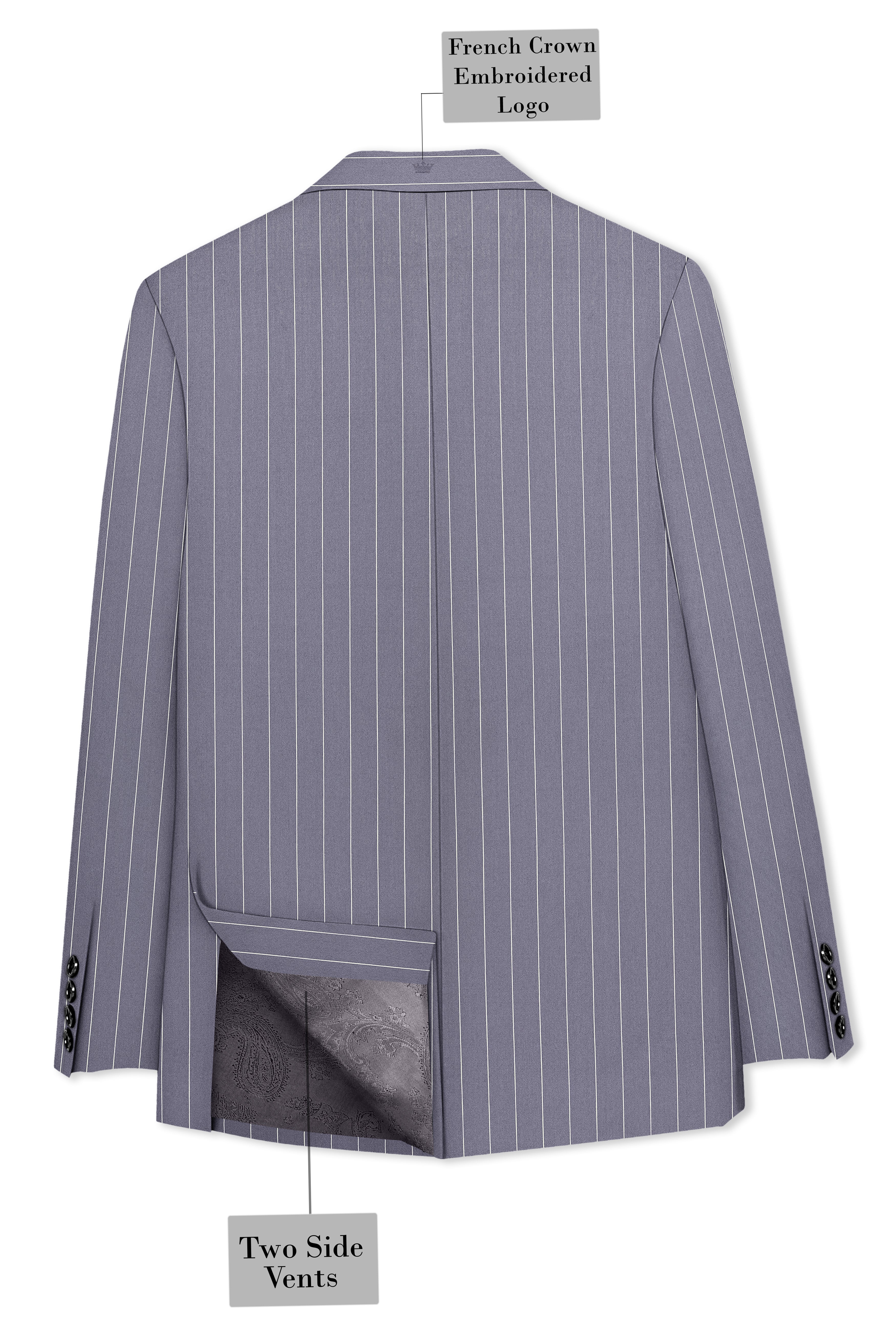 Regent-Mobster Gray And Bright White Chalk Striped Wool Rich Slight Stretch Double Breasted Blazer