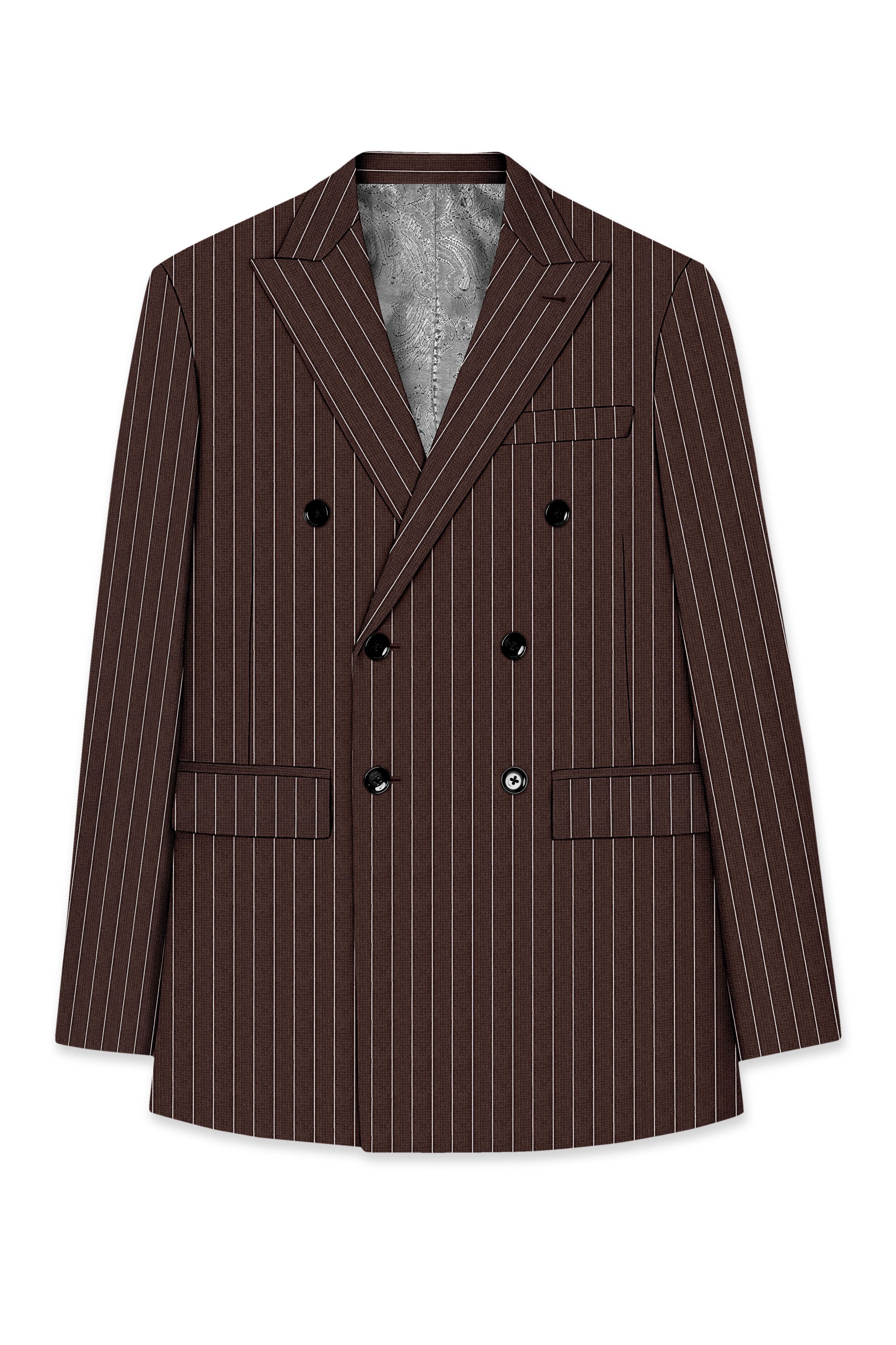 Bristol-Bistre Brown And Bright White Chalk Striped Wool Rich Slight Stretch Double Breasted Blazer