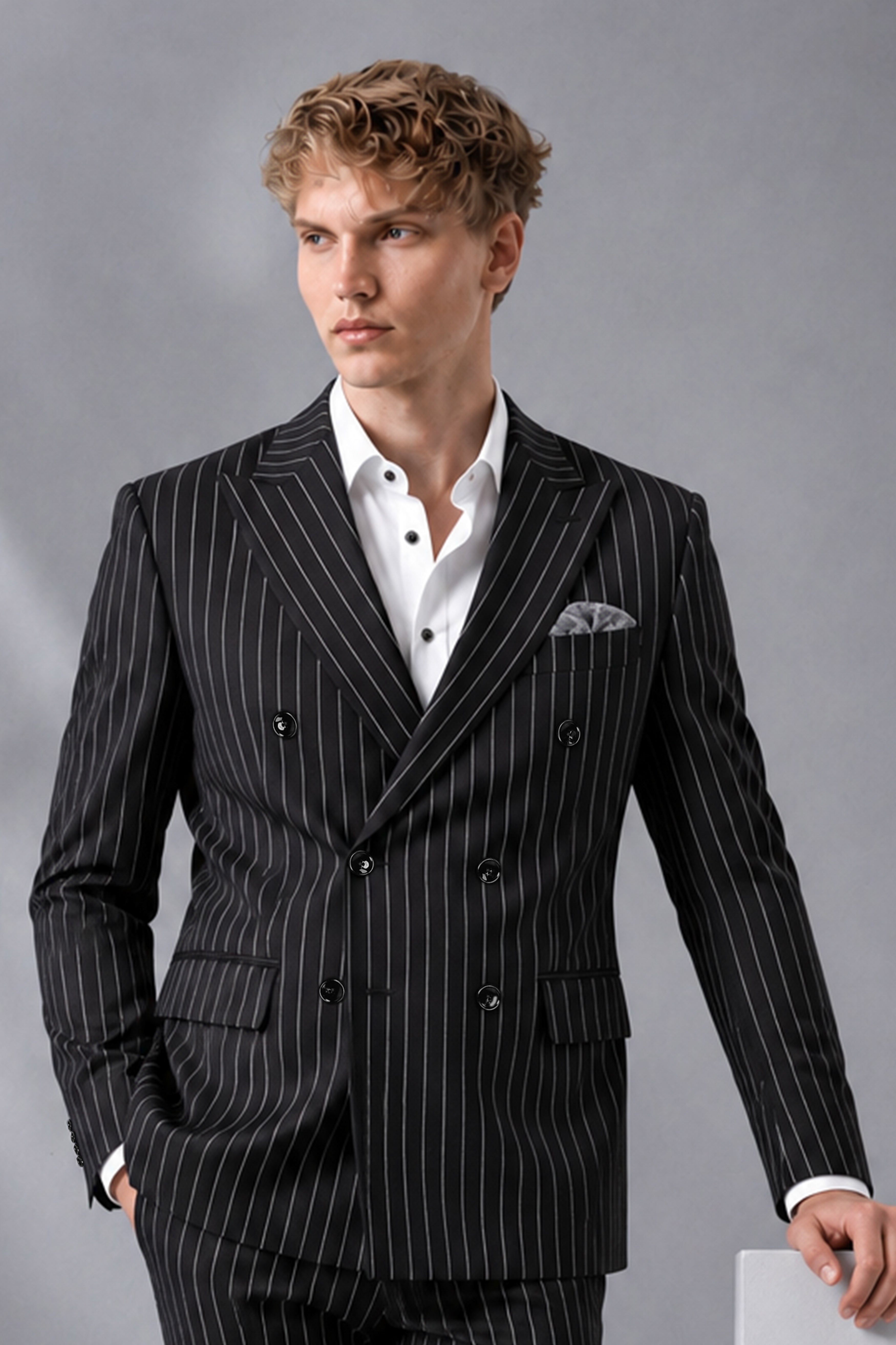 Noir-Jade Black Herringbone Striped Wool Rich Slight Stretch Double Breasted Blazer