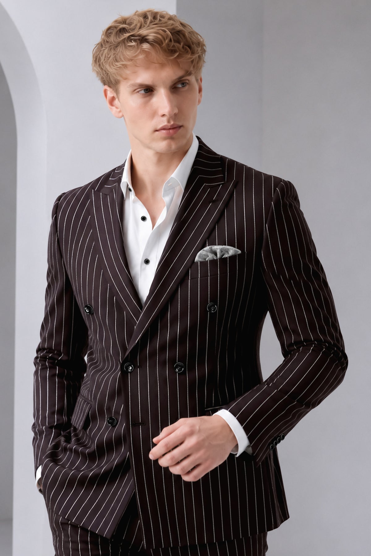 Volt-Thunder Brown Herringbone Striped Wool Rich Slight Stretch Double Breasted Blazer