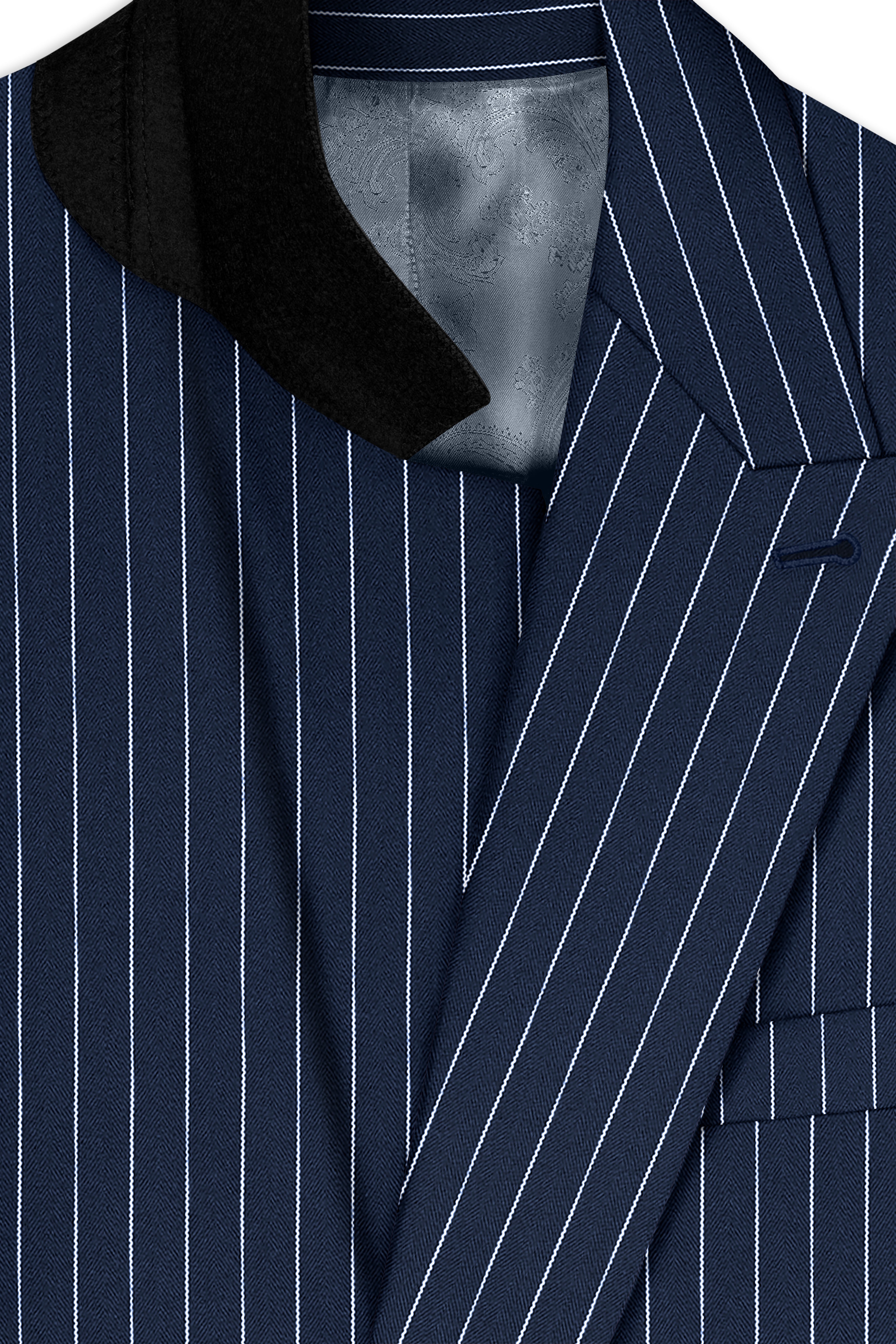 Astris-Space Blue Herringbone Striped Wool Rich Slight Stretch Double Breasted Blazer