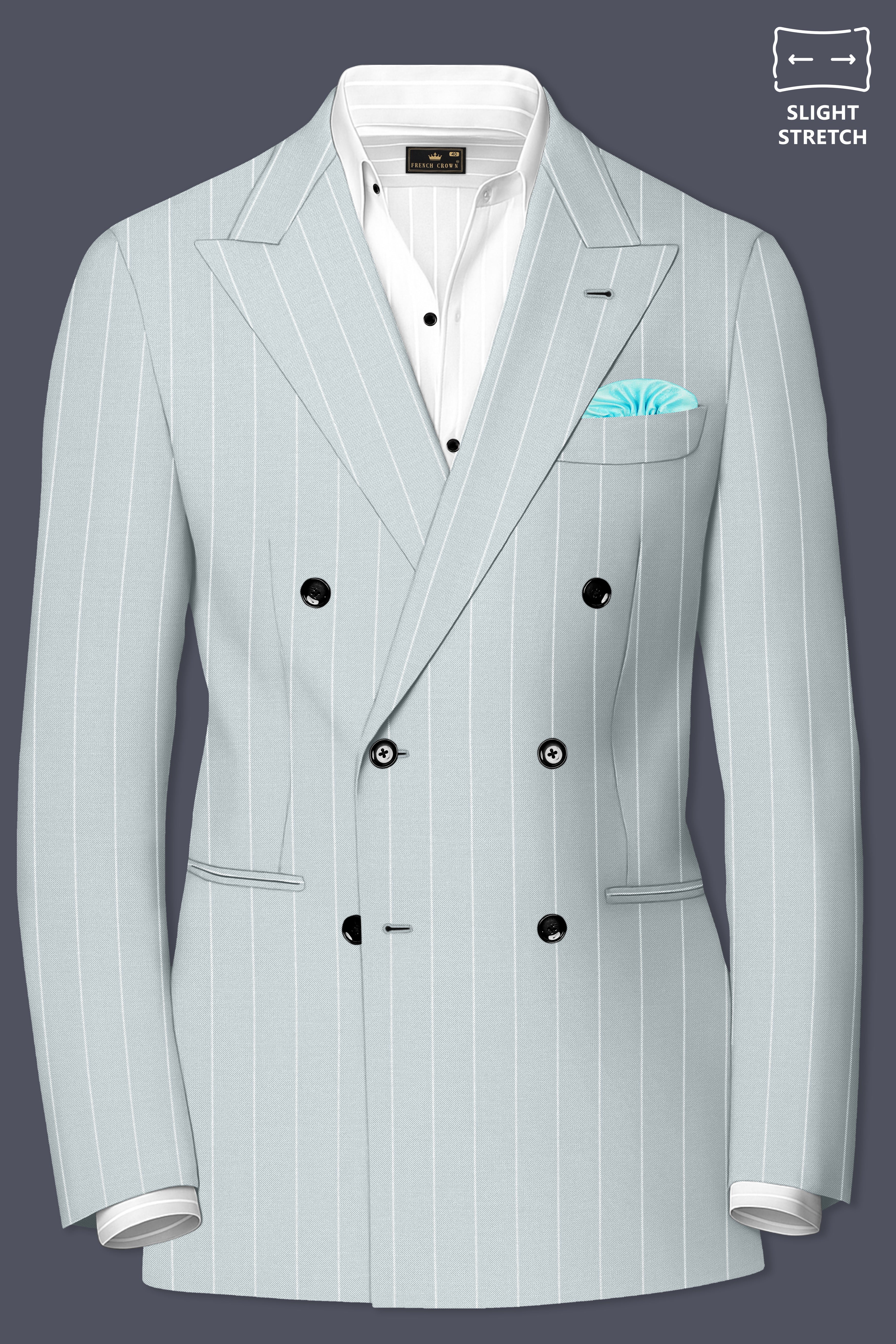 Slate-Tiara Gray And Bright White Chalk Striped Wool Rich Slight Stretch Double Breasted Blazer