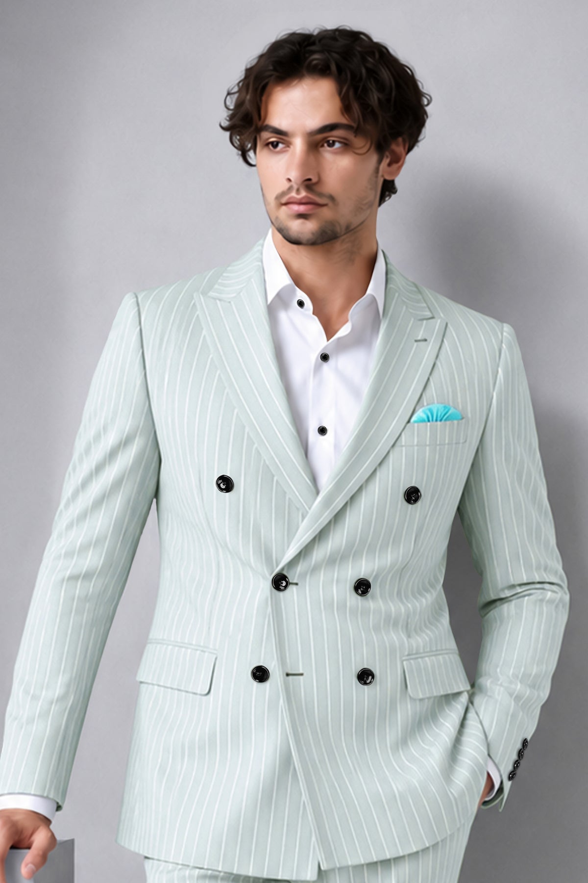 Slate-Tiara Gray And Bright White Chalk Striped Wool Rich Slight Stretch Double Breasted Blazer
