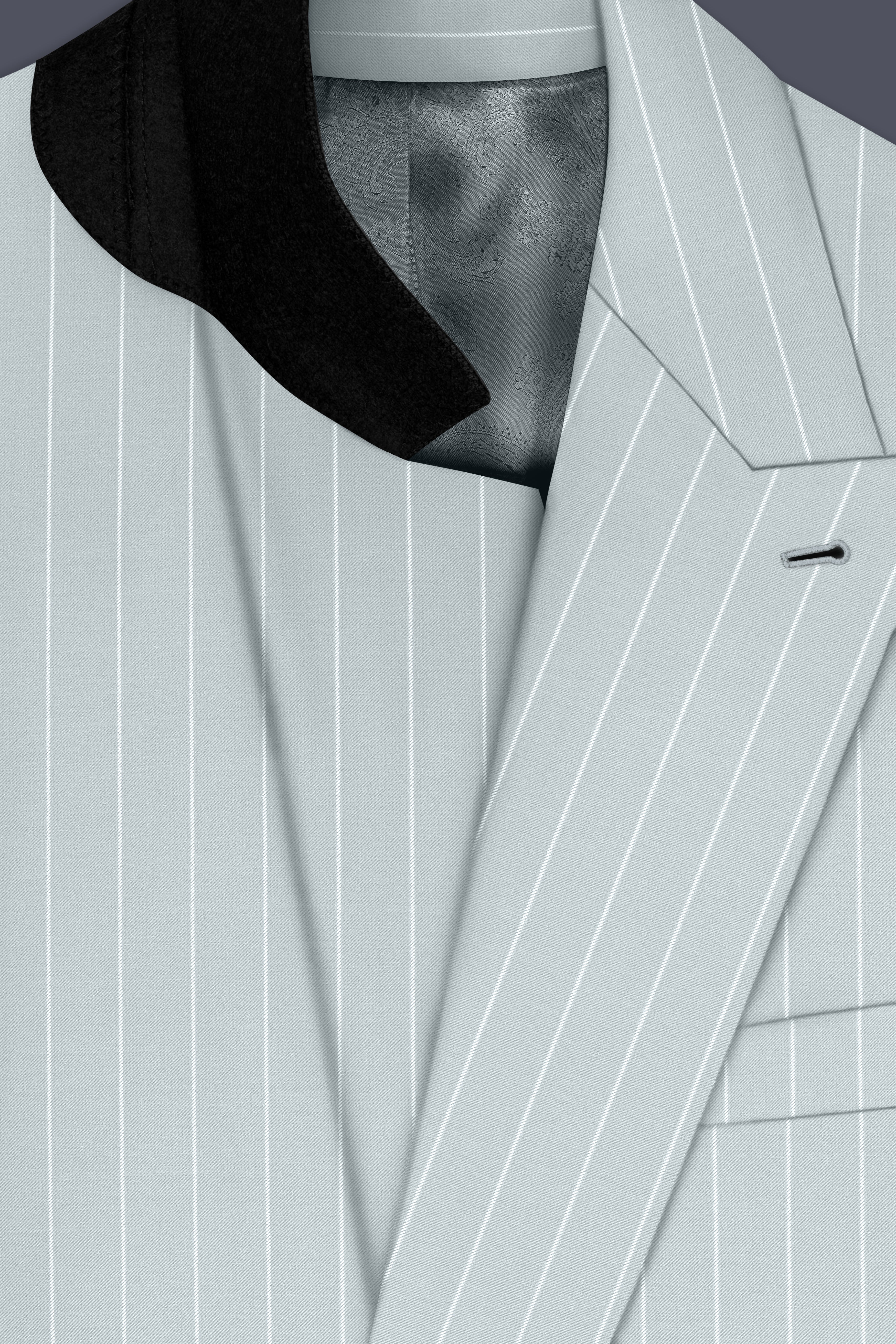 Slate-Tiara Gray And Bright White Chalk Striped Wool Rich Slight Stretch Double Breasted Blazer