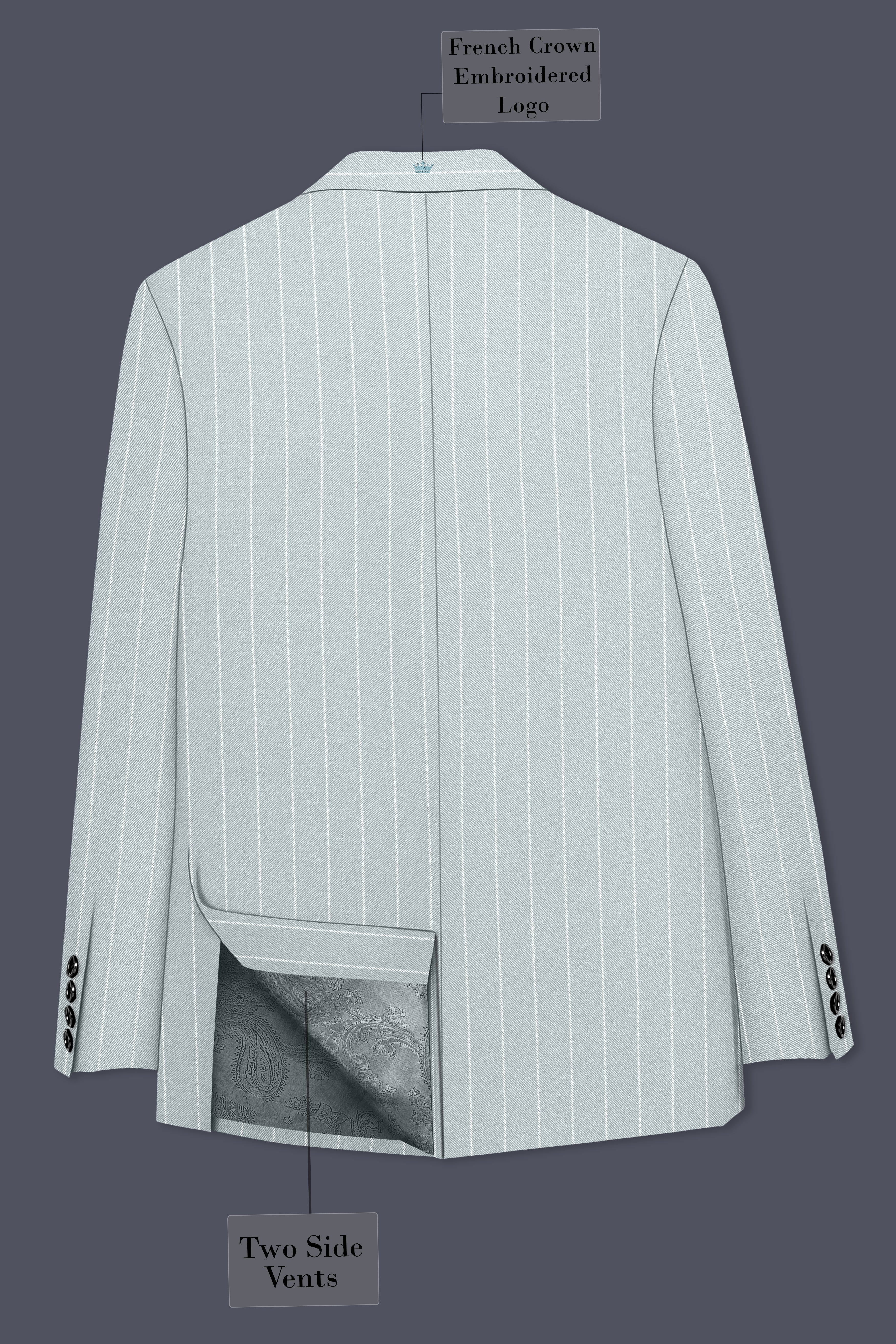 Slate-Tiara Gray And Bright White Chalk Striped Wool Rich Slight Stretch Double Breasted Blazer