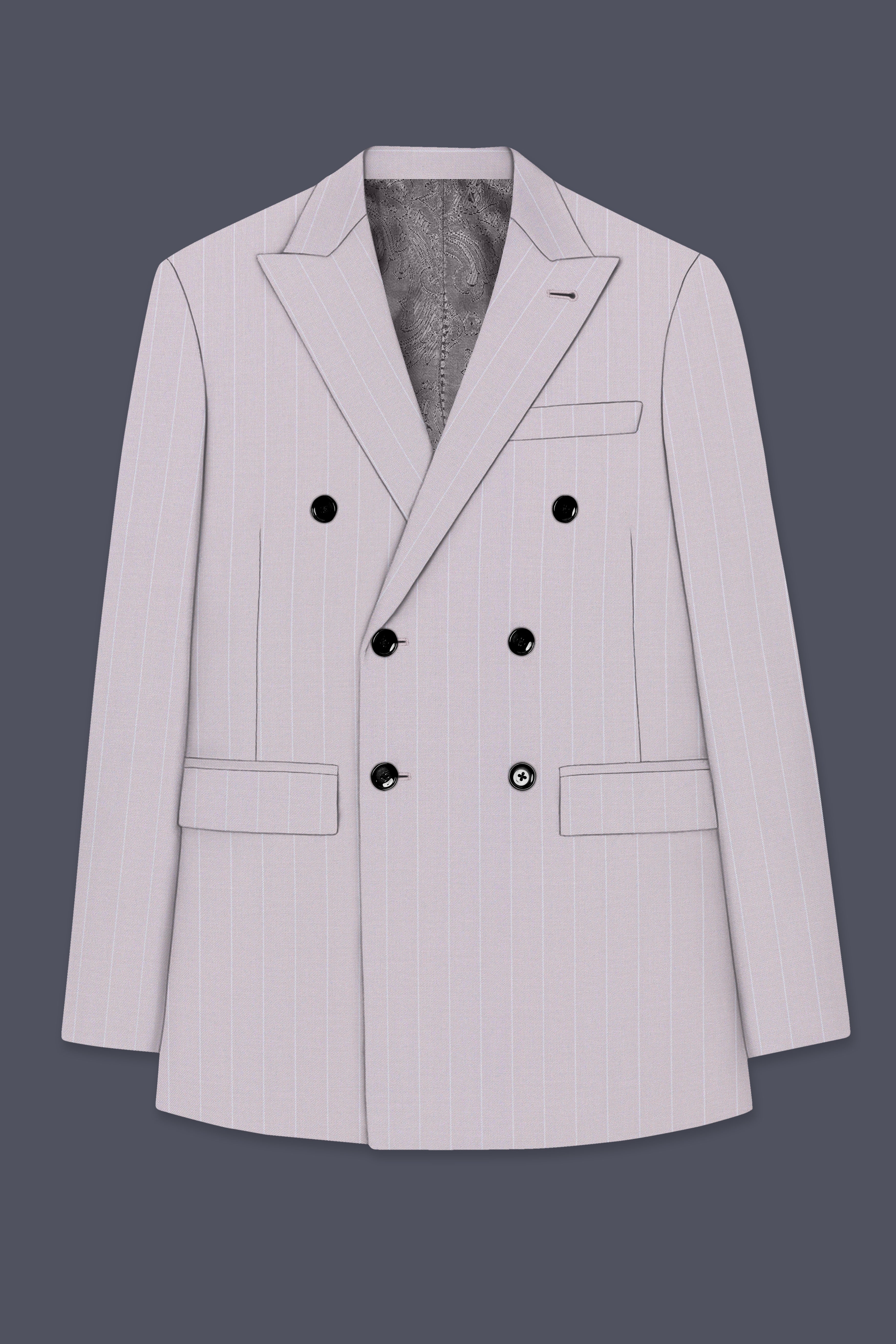 Roselle-Thistle Pink And Bright White Chalk Striped Wool Rich Slight Stretch Double Breasted Blazer