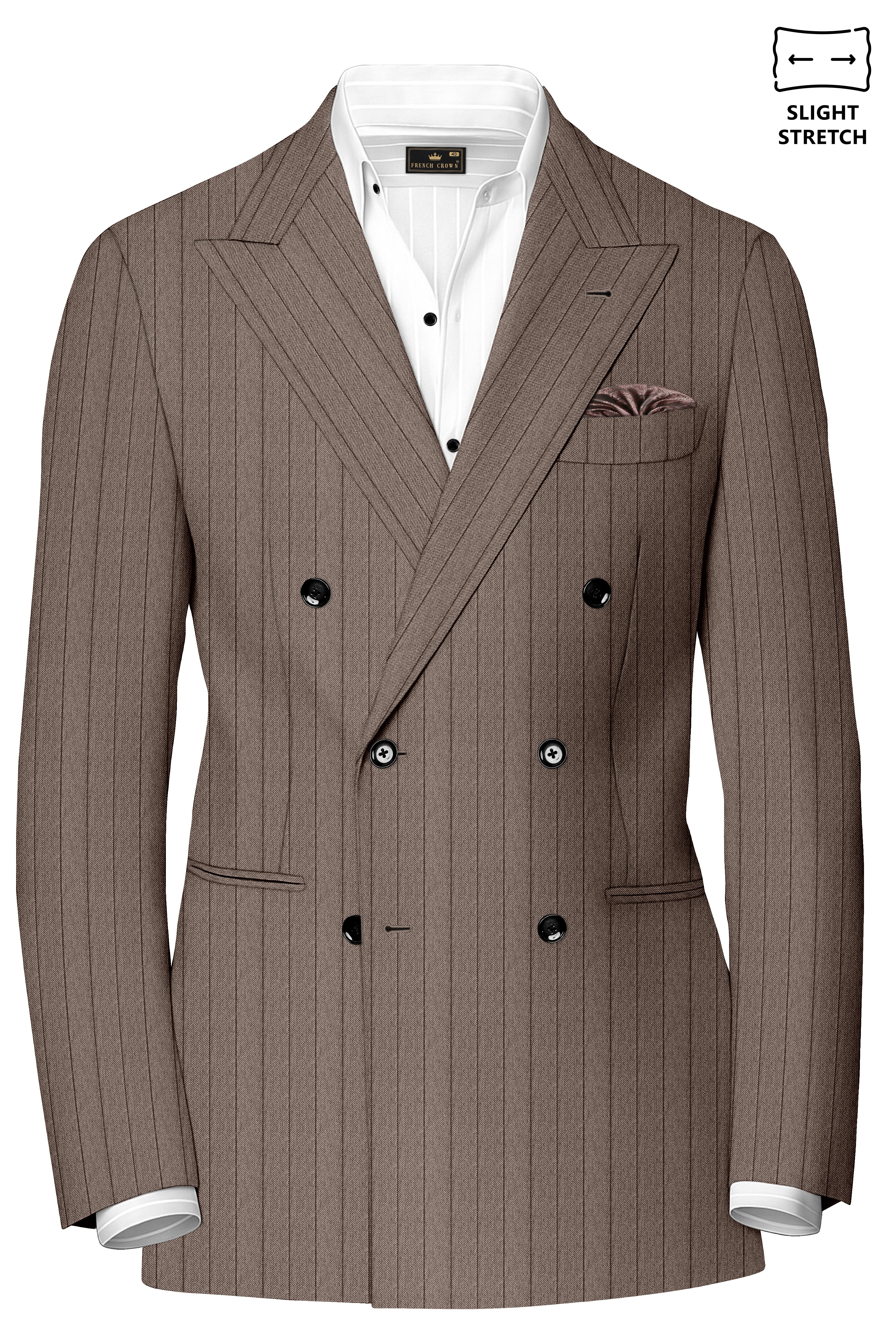 Obsidian-Fuscous Brown And Jade Black Chalk Striped Wool Rich Slight Stretch Double Breasted Blazer