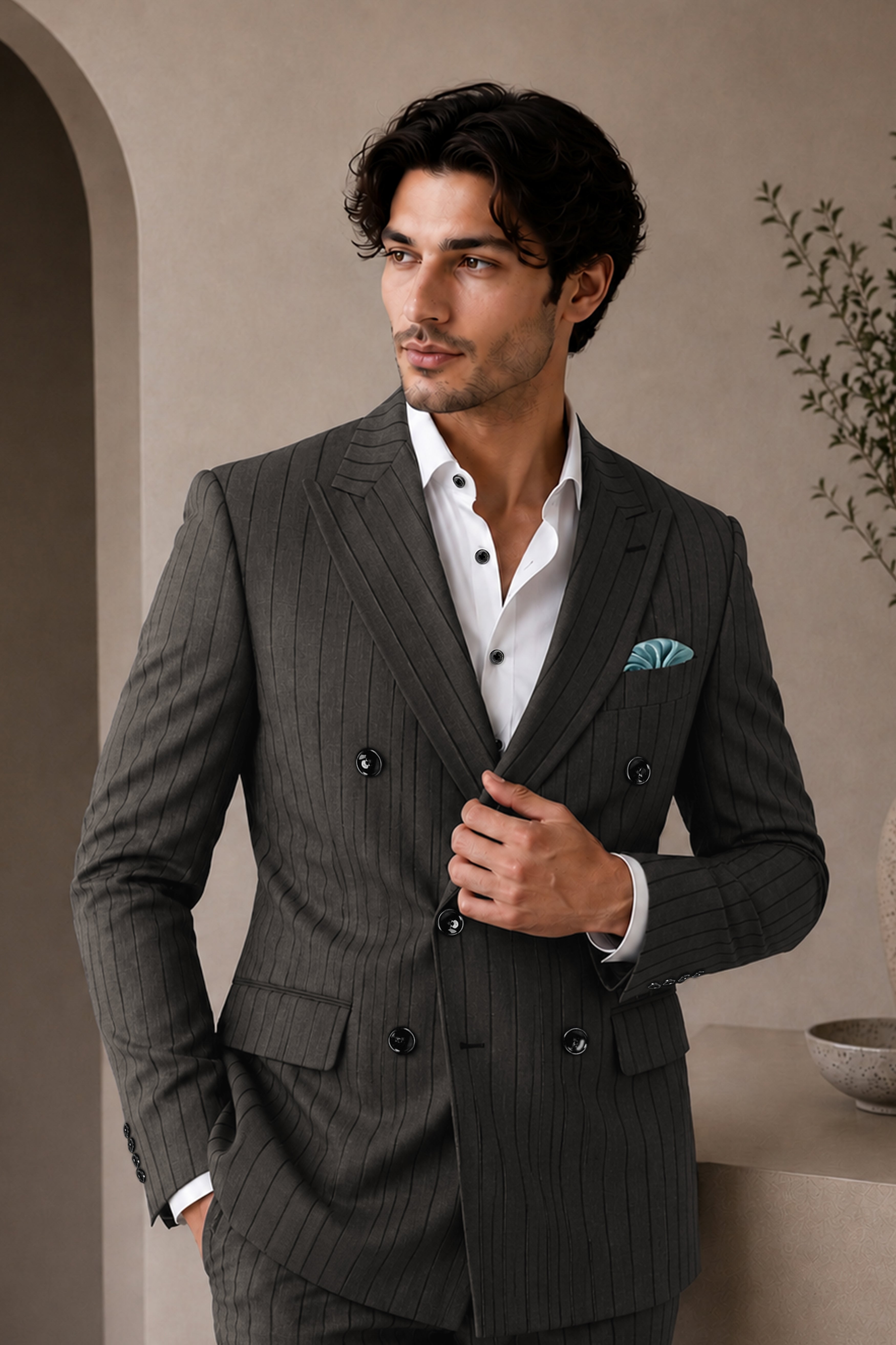 Heritage-Iridium Brown And Bright White Chalk Striped Wool Rich Slight Stretch Double Breasted Blazer