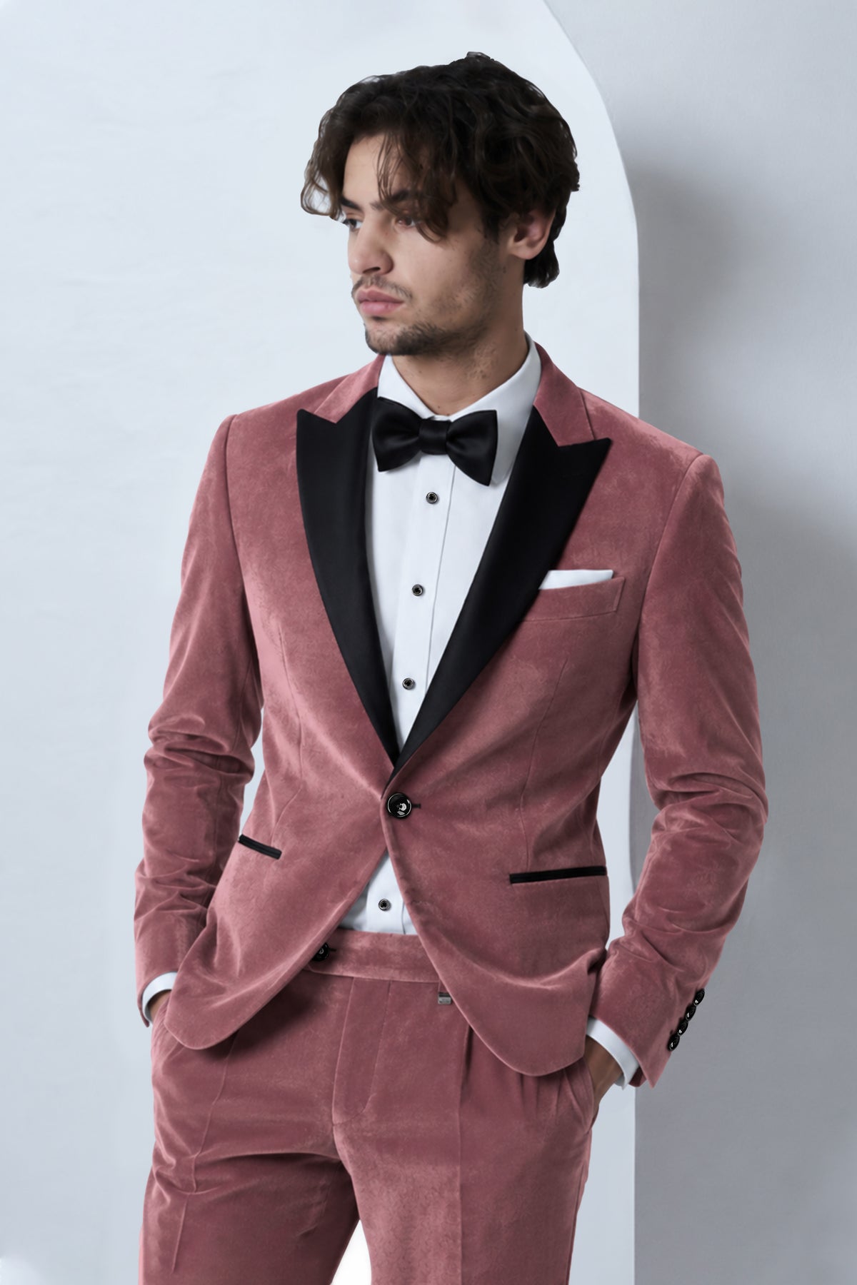 Blush-Pastel Peach Velvet Peak Lapel Tuxedo Blazer