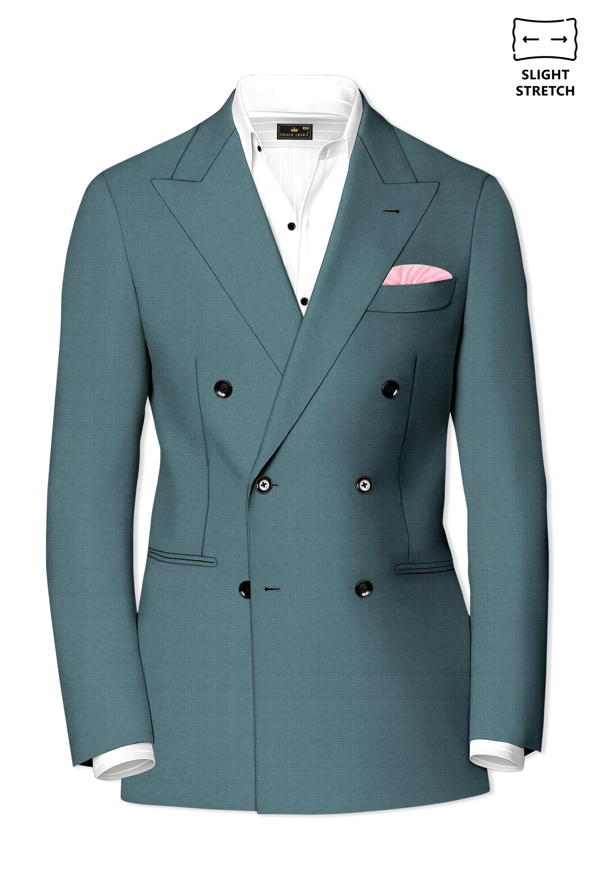 Viridian-Beetle Green Diamond Textured Wool Rich Slight Stretch Double Breasted Blazer