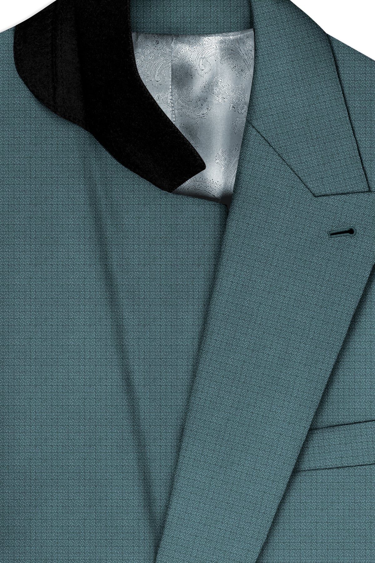 Viridian-Beetle Green Diamond Textured Wool Rich Slight Stretch Double Breasted Blazer